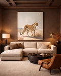 Neutral cheetah wall art printable wildlife digital download displayed as oversized wall art above sofa in modern living room