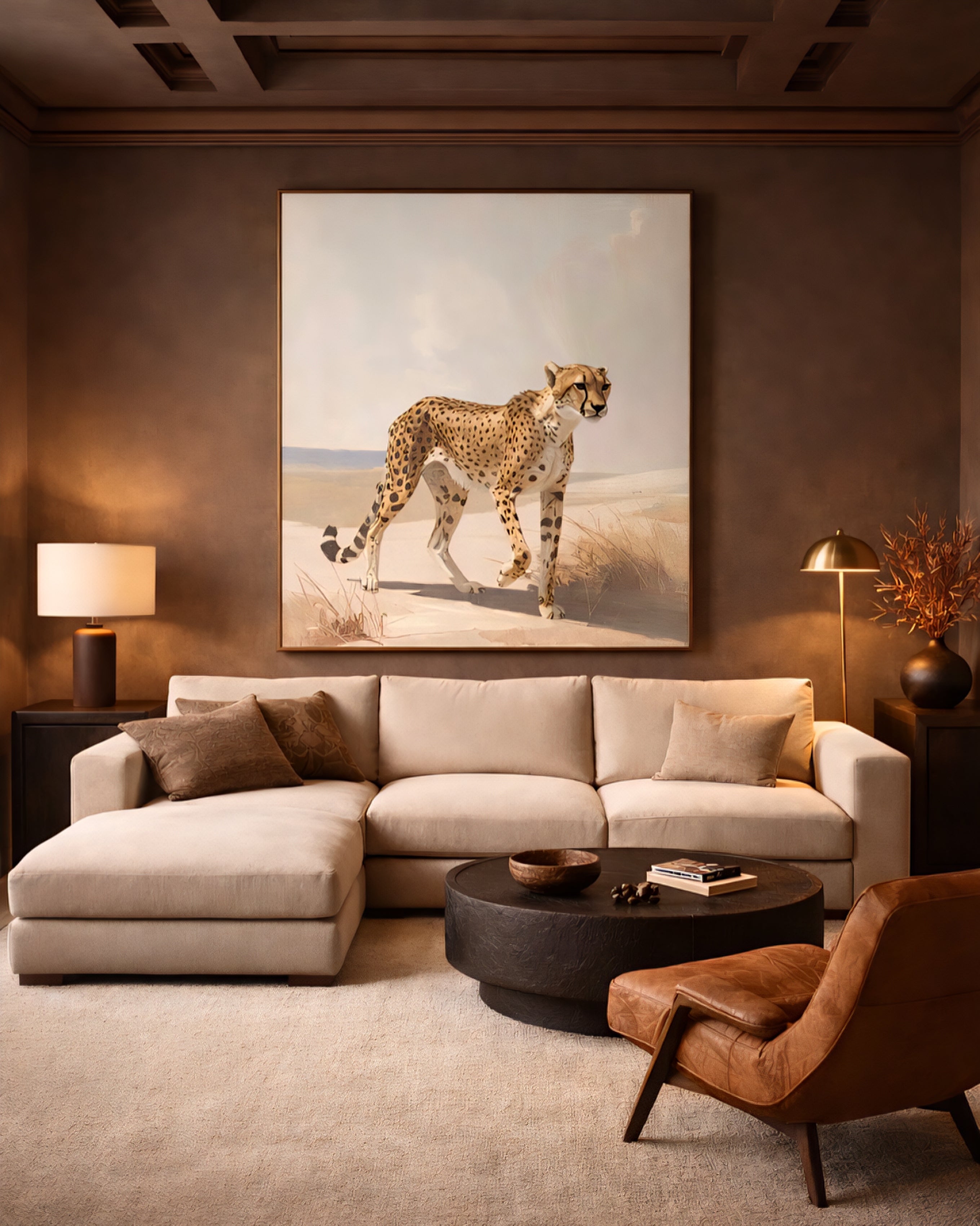 Neutral cheetah wall art printable wildlife digital download displayed as oversized wall art above sofa in modern living room