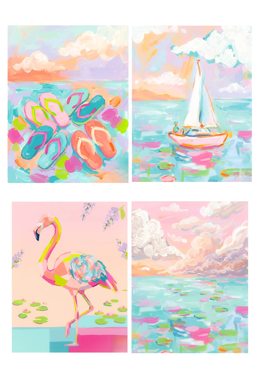 Digital download coastal gallery wall set preview, pastel beach art including flamingo, sailboat, ocean and flip flops prints