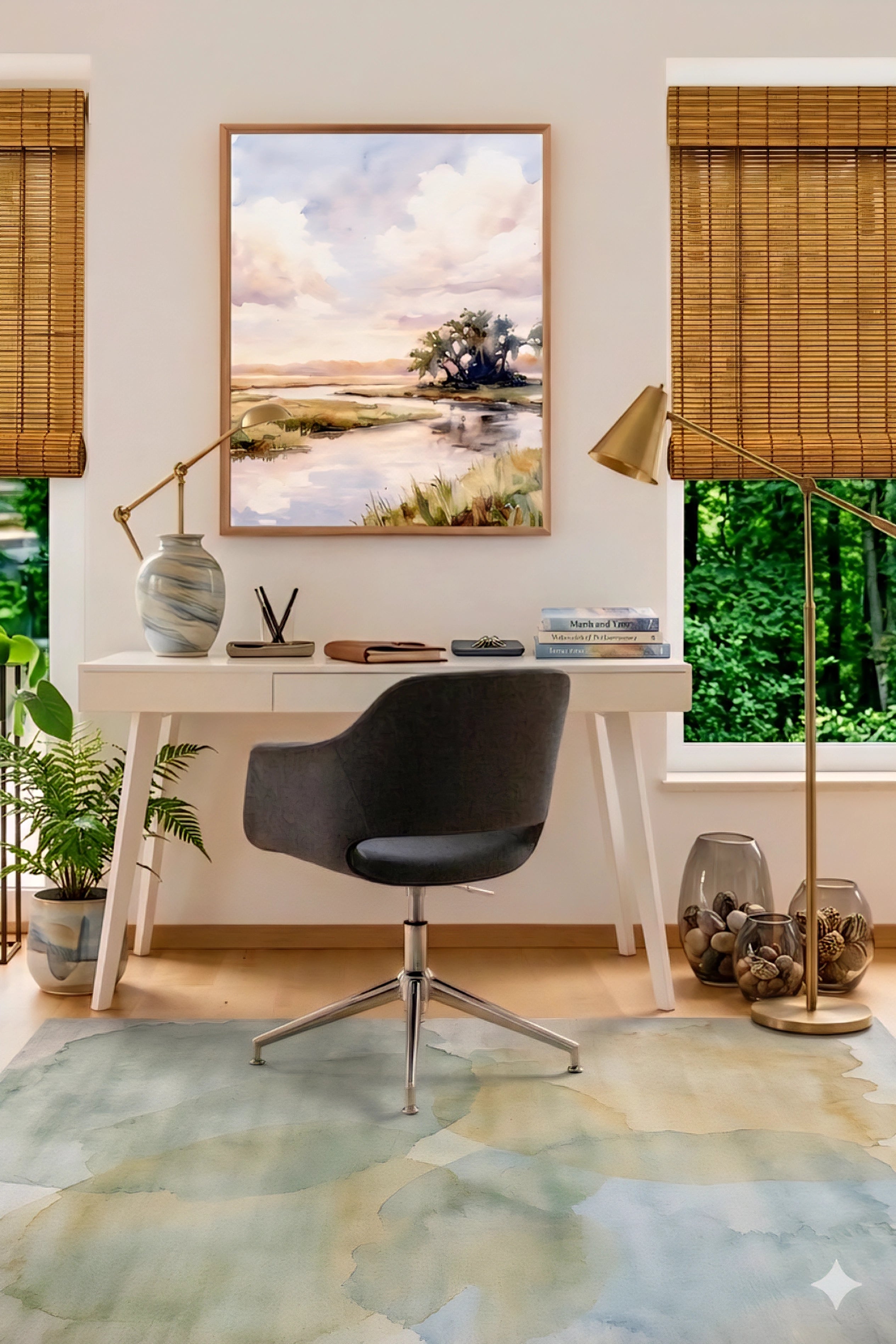 Savvy places watercolor coastal marsh wall art displayed above a modern home office desk, serene landscape digital wall art mockup.