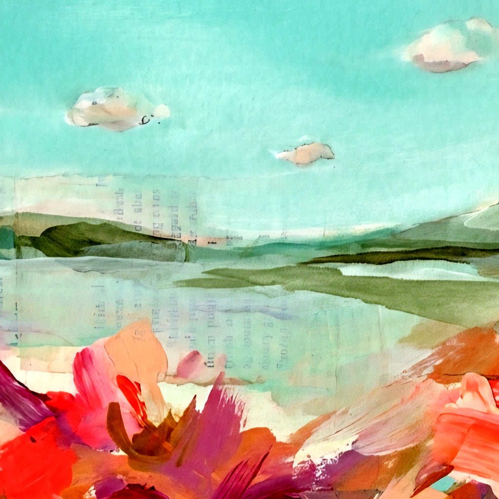 Abstract coastal landscape square wall art in aqua and coral tones, modern printable art with soft sky, shoreline layers, and expressive brushstrokes for contemporary wall decor