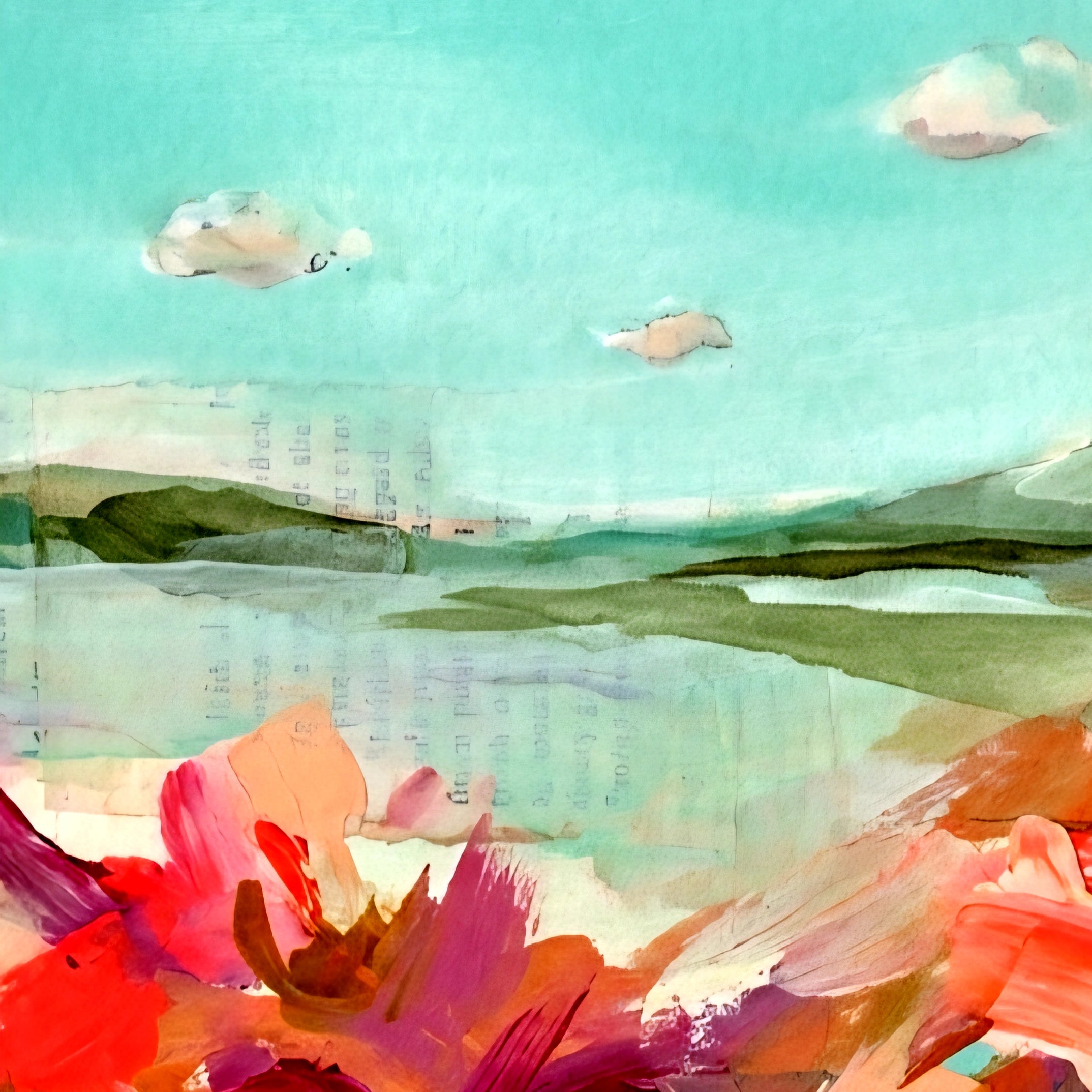 Abstract coastal landscape square wall art in aqua and coral tones, modern printable art with soft sky, shoreline layers, and expressive brushstrokes for contemporary wall decor