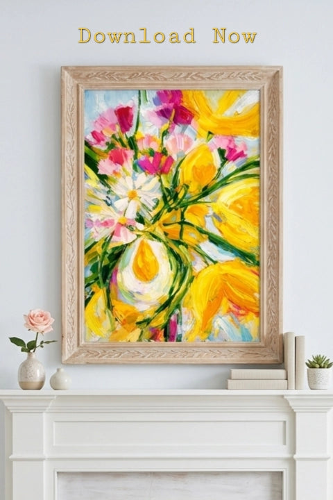 Framed floral painting on a white wall above a fireplace.