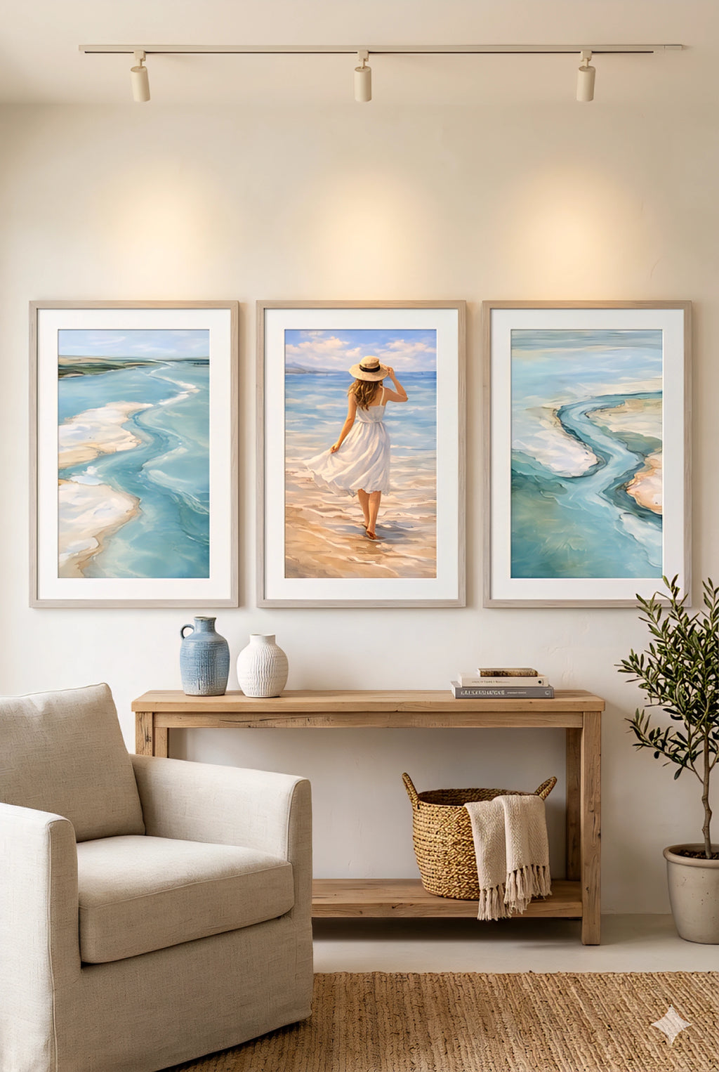 Coastal wall art set of 3 prints styled above console table, ocean abstract artwork and beach scene decorinspo for neutral living room or beach house interior