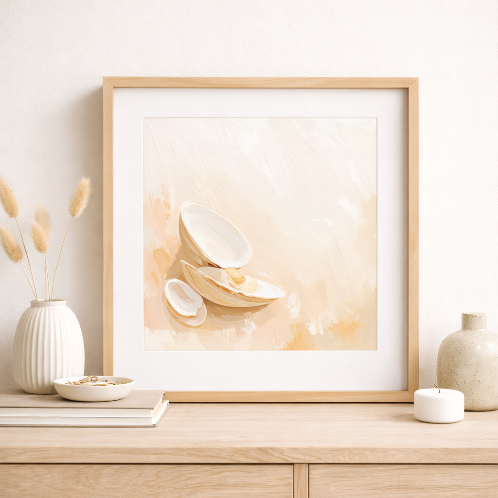 Framed digital seashell abstract art piece on a wooden surface with decorative items.