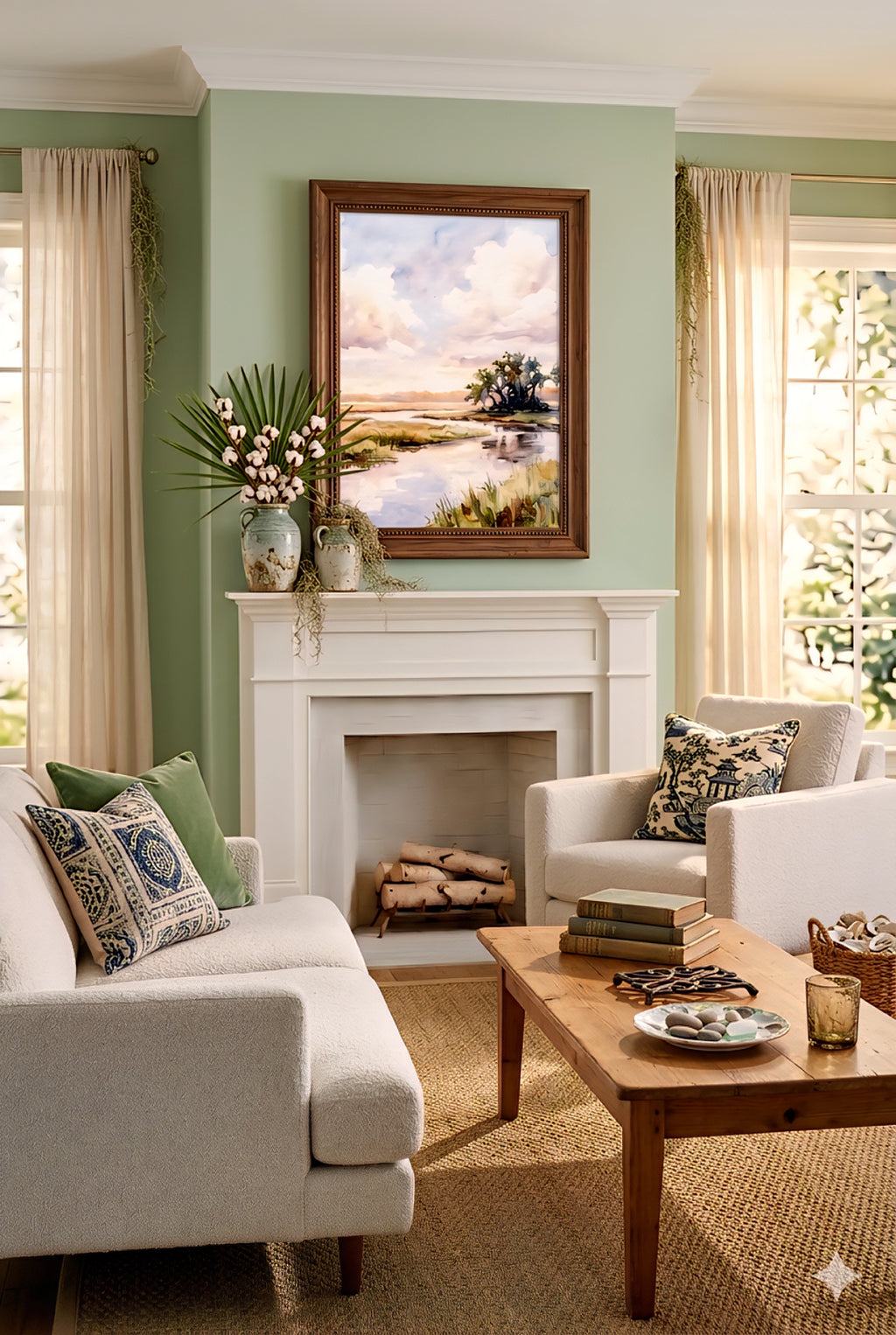 Watercolor coastal marsh landscape displayed above a fireplace in a cozy living room, serene nature digital wall art mockup.