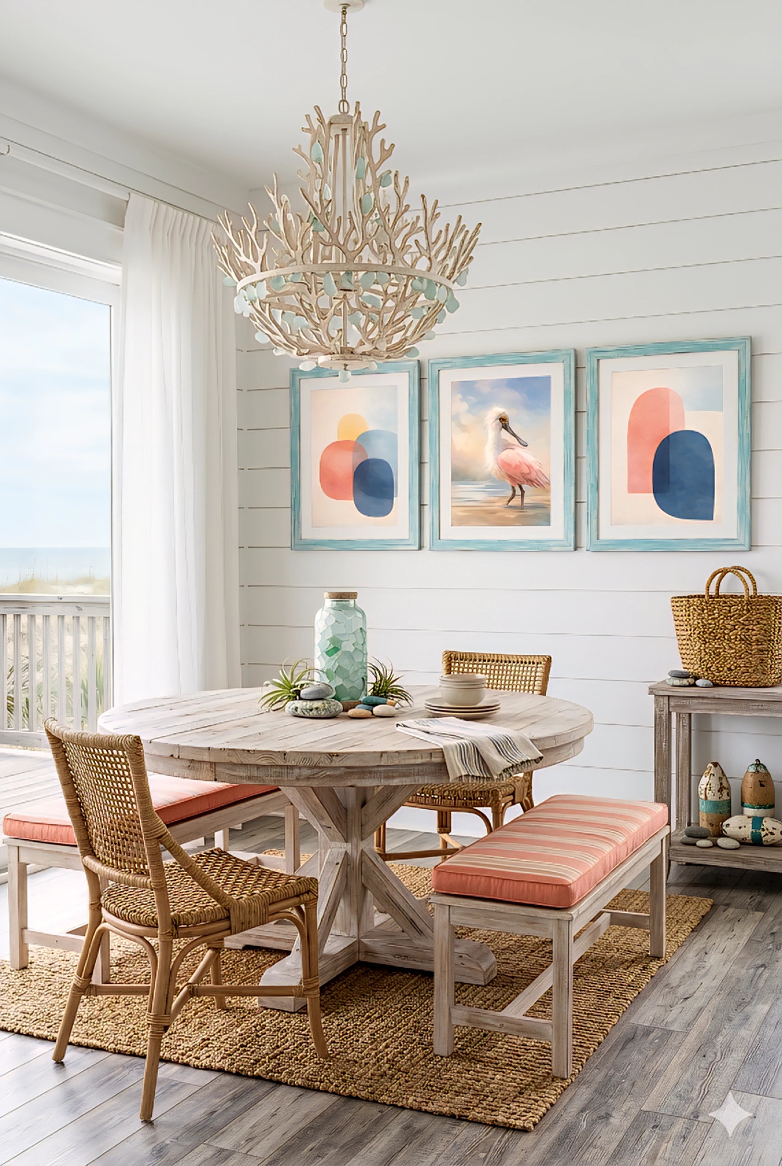 Set of 3 digital prints featuring abstract shapes and pink spoonbill bird styled above round table in light coastal dining room with beach house decor