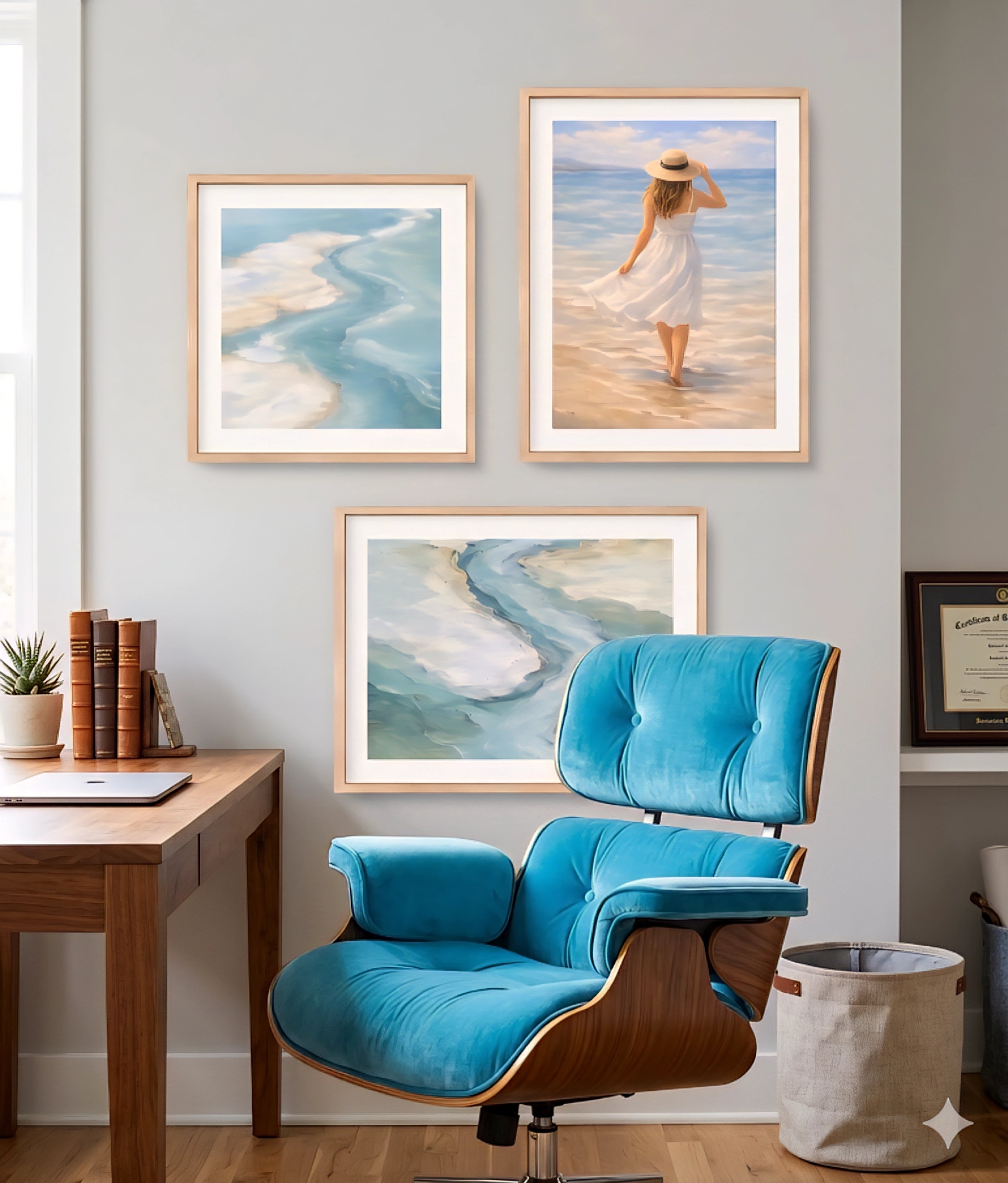 Coastal wall art set of 3 prints styled in a home office, soft ocean abstract artwork and beach scene decorinspo for calming workspace and modern interiors