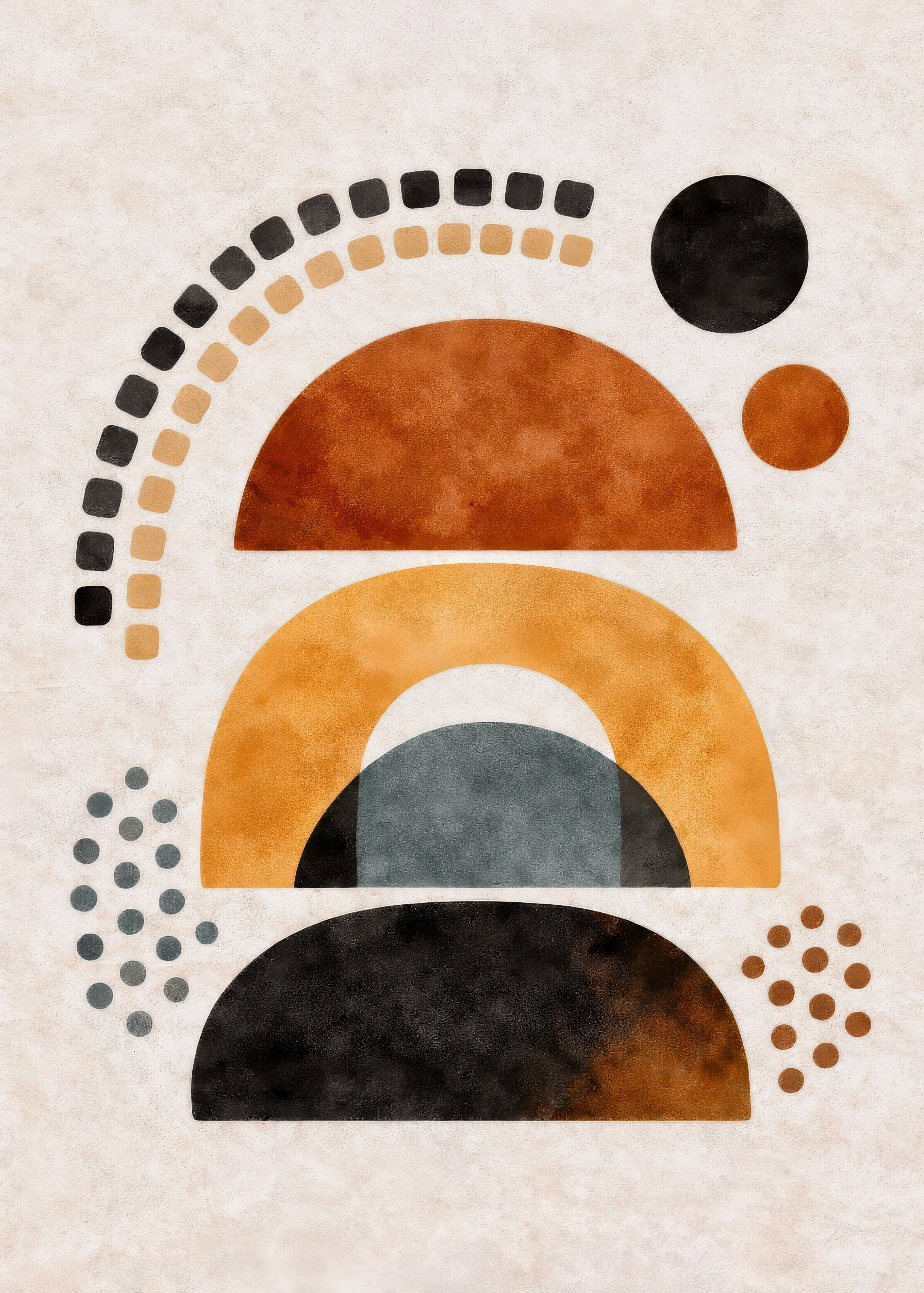 Boho Geometric abstract design with earth toned rounded shapes and color dots  on a beige background
