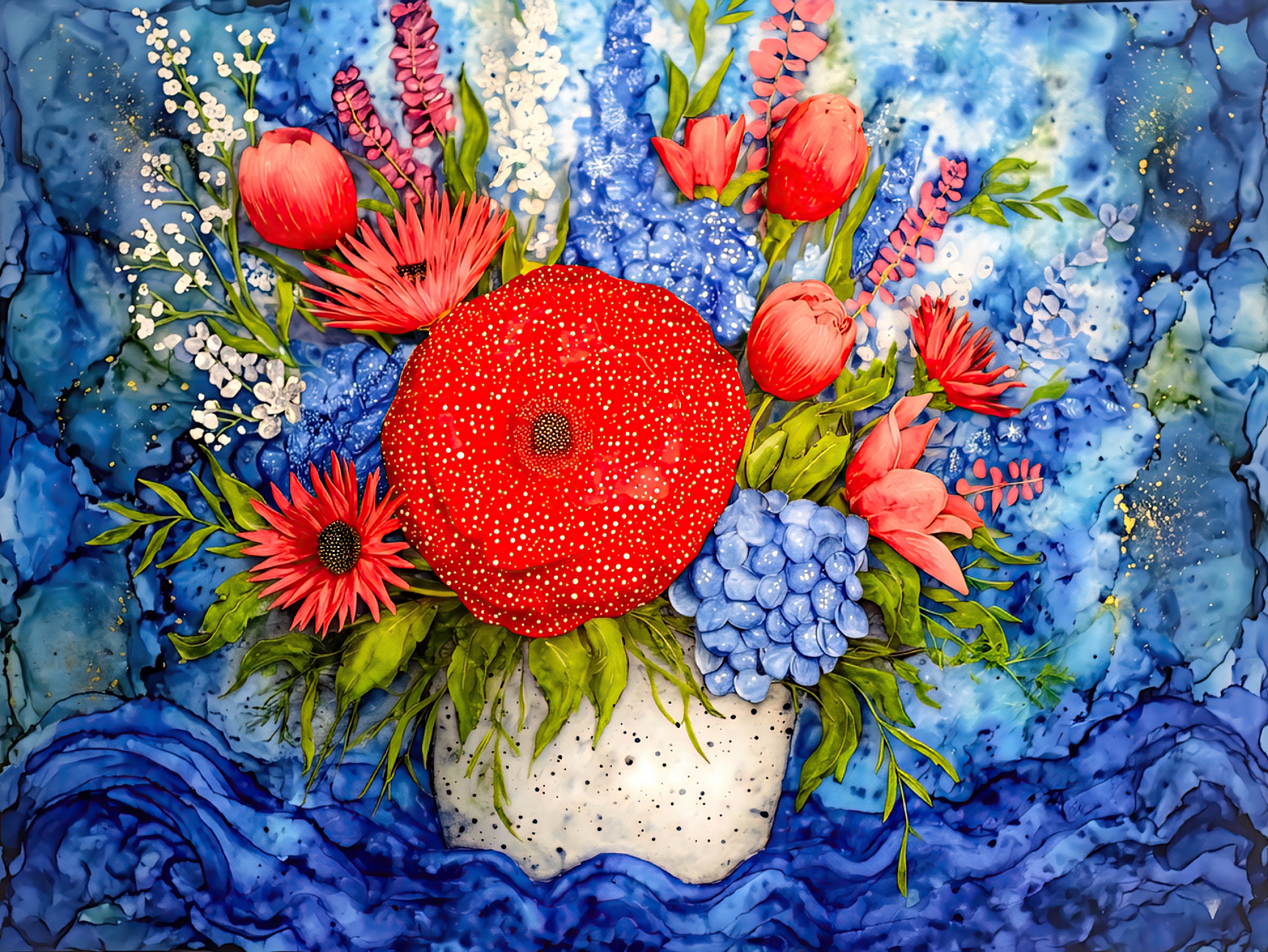 Colorful floral wall art digital download, bold red flower bouquet with blue abstract background, horizontal printable artwork in 3 orientations