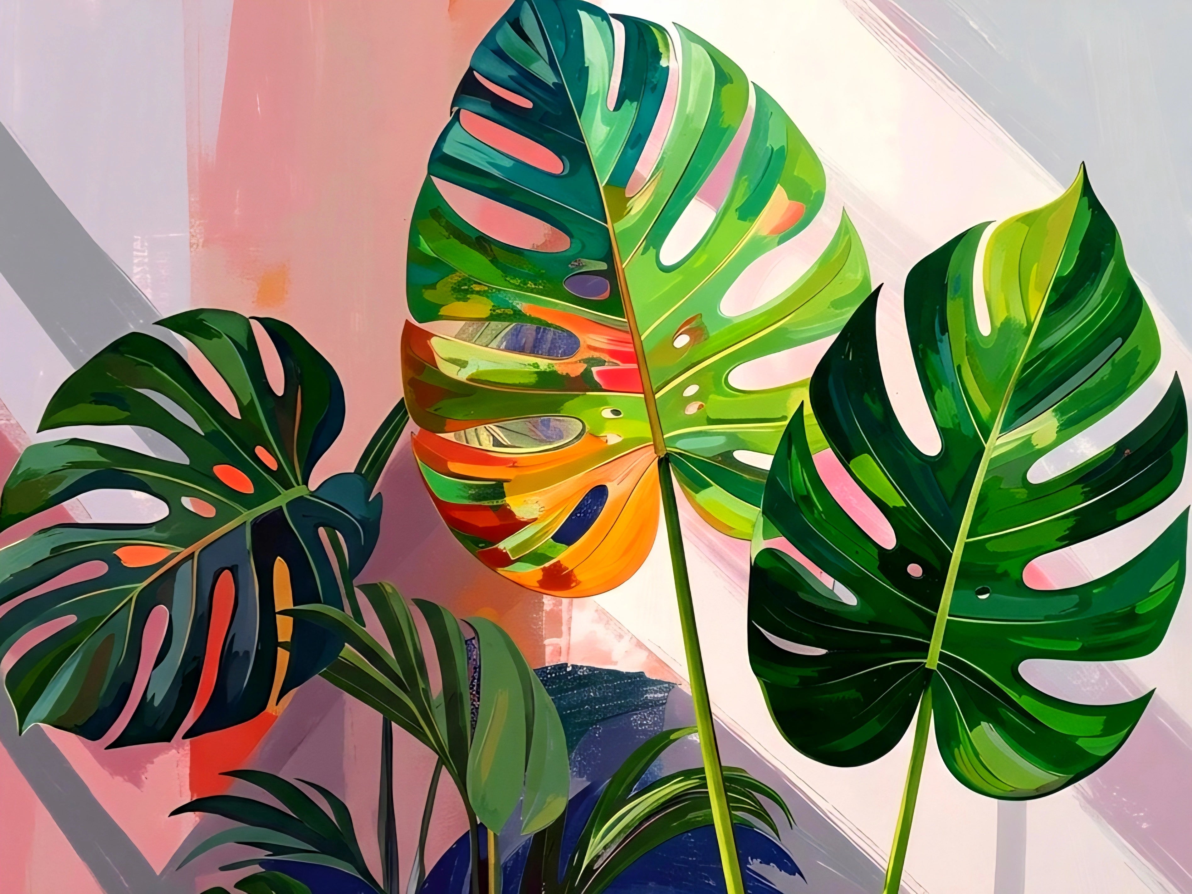 Horizontal bold contemporary botanical wall art featuring oversized monstera leaves in vibrant greens with painterly abstract modern accents