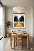 Framed lavender field wall art in a modern dining room, featuring a glowing golden pathway between rows of purple flowers and lush trees under a soft pastel sky, impressionist landscape style digital download, elegant statement print scalable up to 55 inches