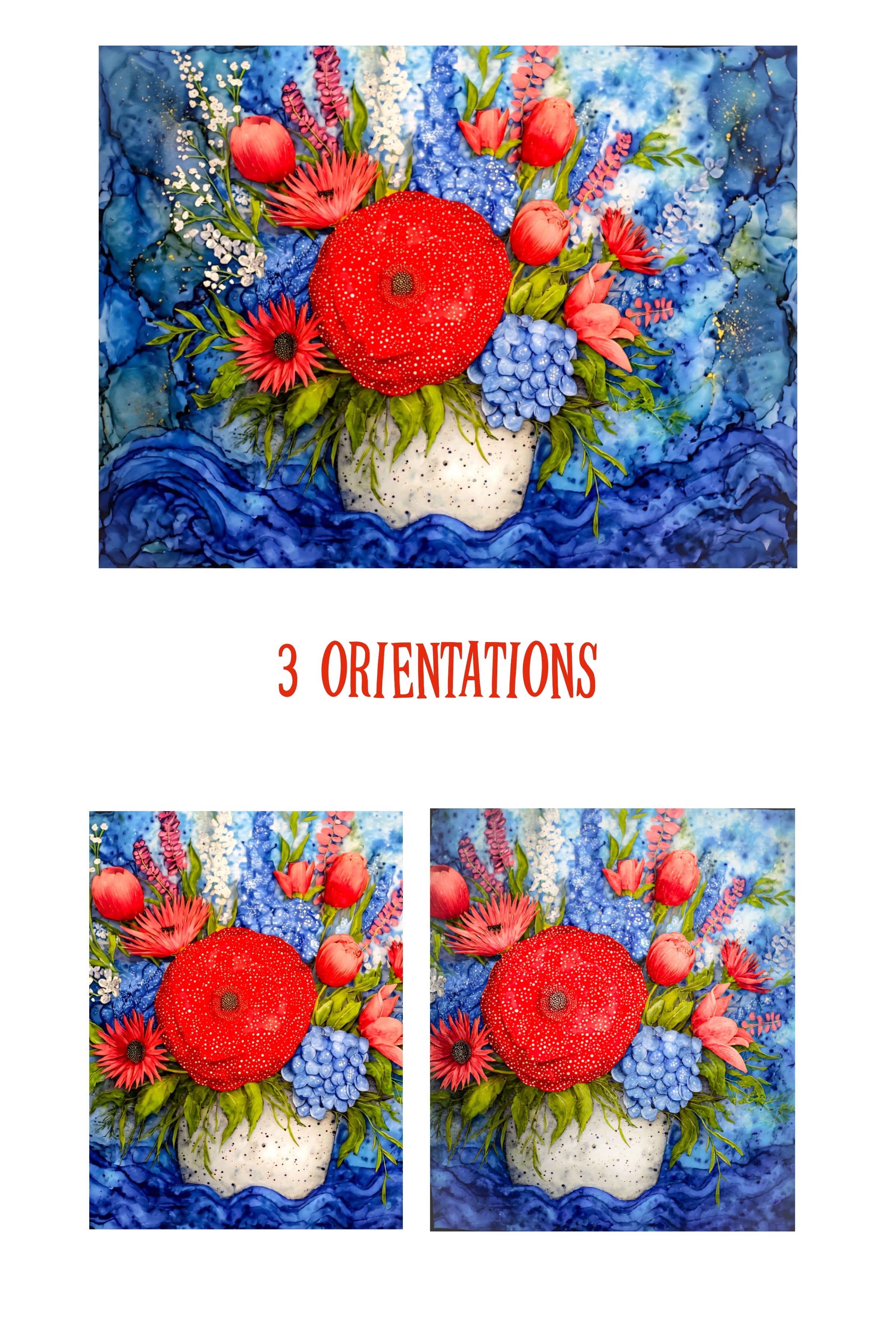 Colorful floral wall art digital download, bold red flower bouquet with blue abstract background, horizontal vertical and square printable artwork in 3 orientations