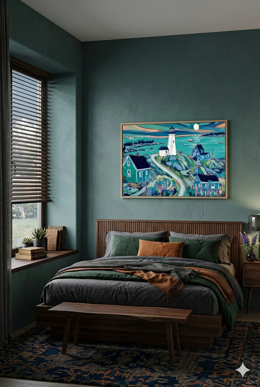 Moody coastal bedroom with deep green walls and wood accents, styled with a colorful lighthouse seascape wall art featuring ocean waves, sailboats, and seaside cottages, creating a cozy beach house decor focal point, digital download wall art