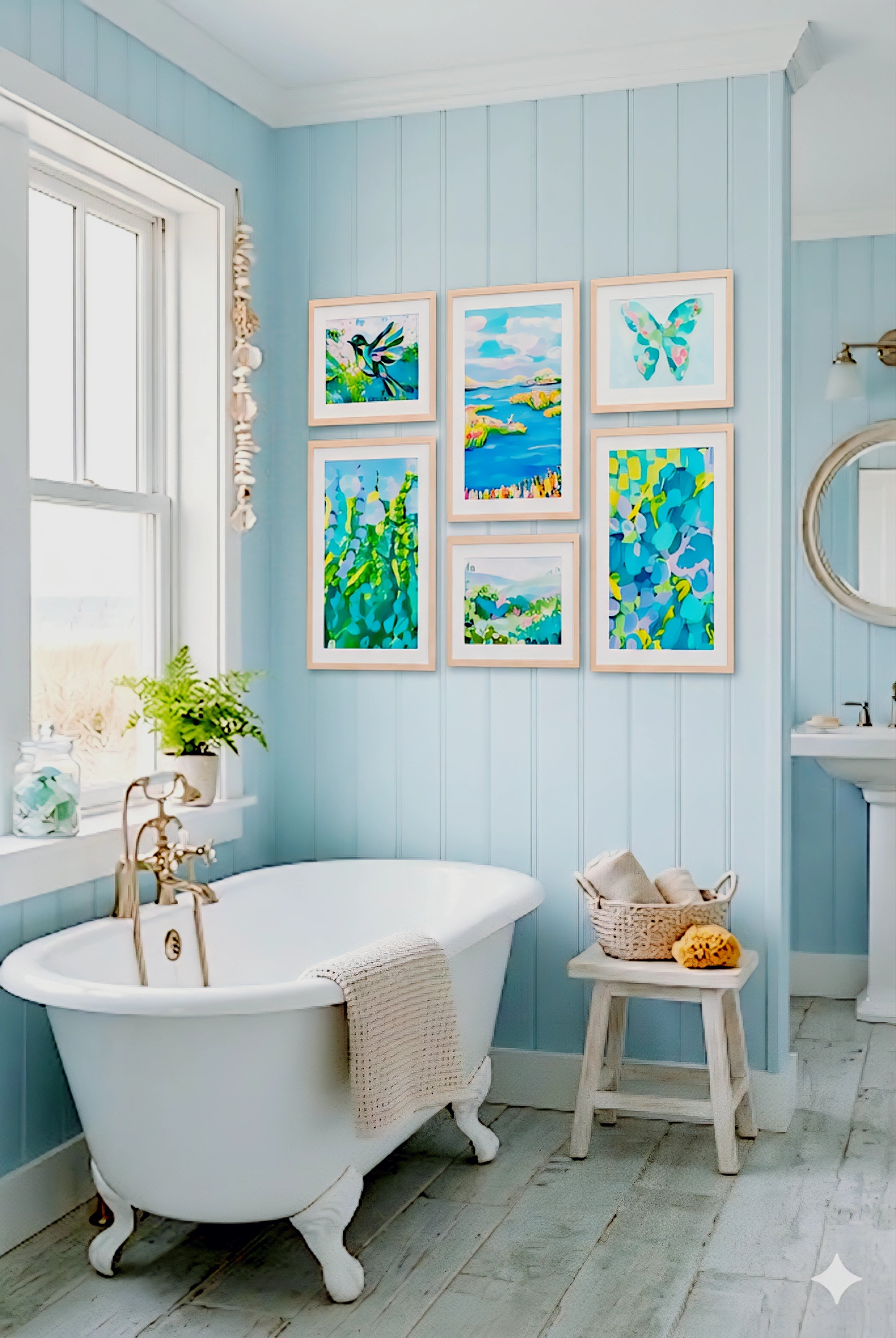 coastal gallery wall printable set styled in light blue beach house bathroom above tub, blue green artwork creating fresh coastal decor look