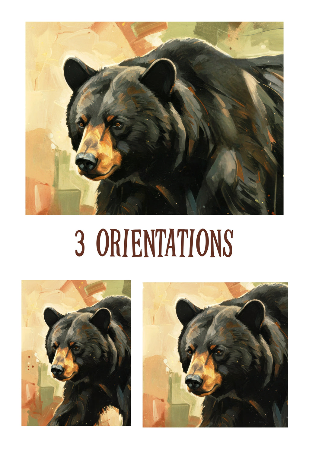 Three orientations of a bear illustration on a textured background