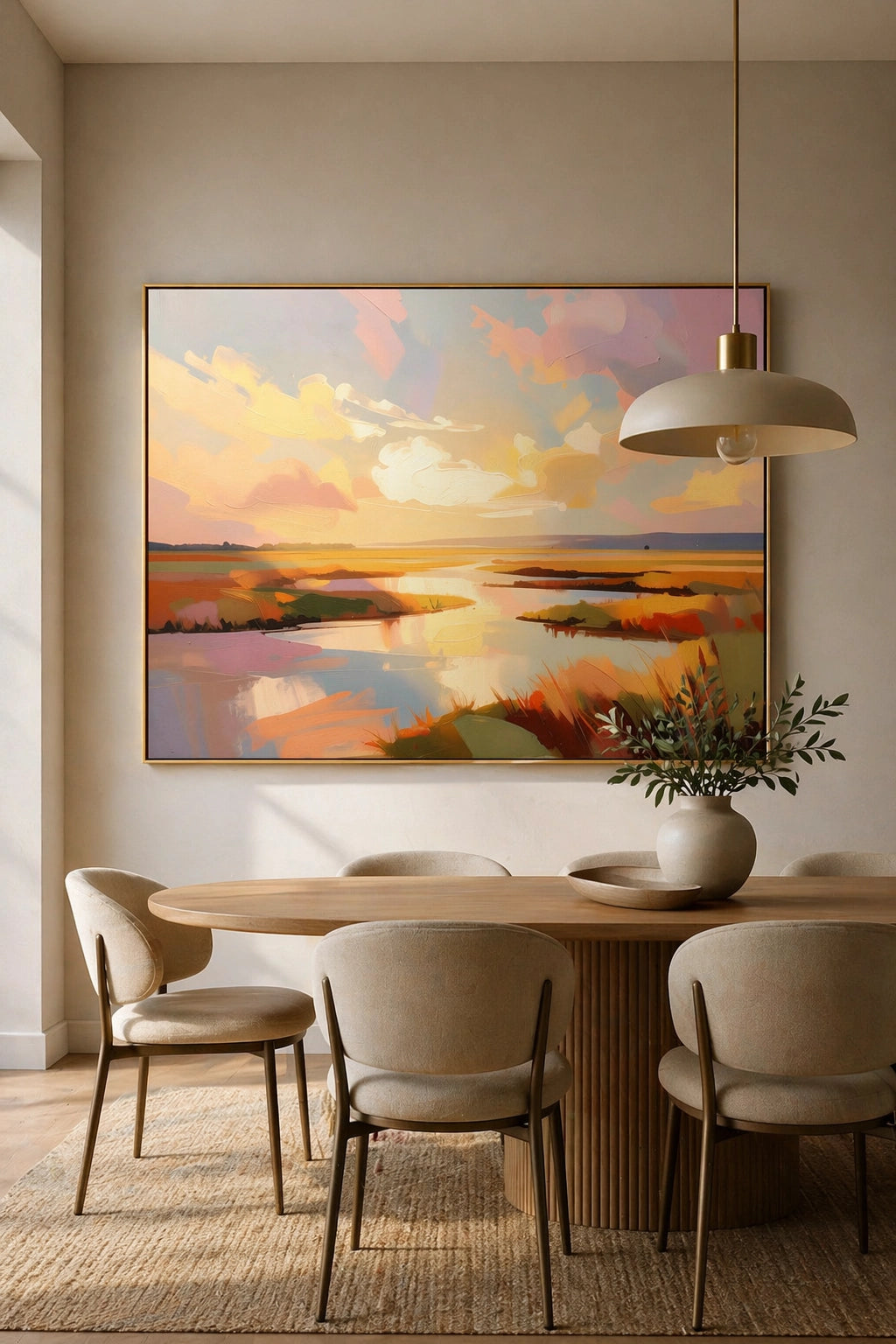 Savvy Places oversized low country marsh wall art in modern dining room with warm wood table, neutral chairs, and glowing sunset coastal landscape centerpiece