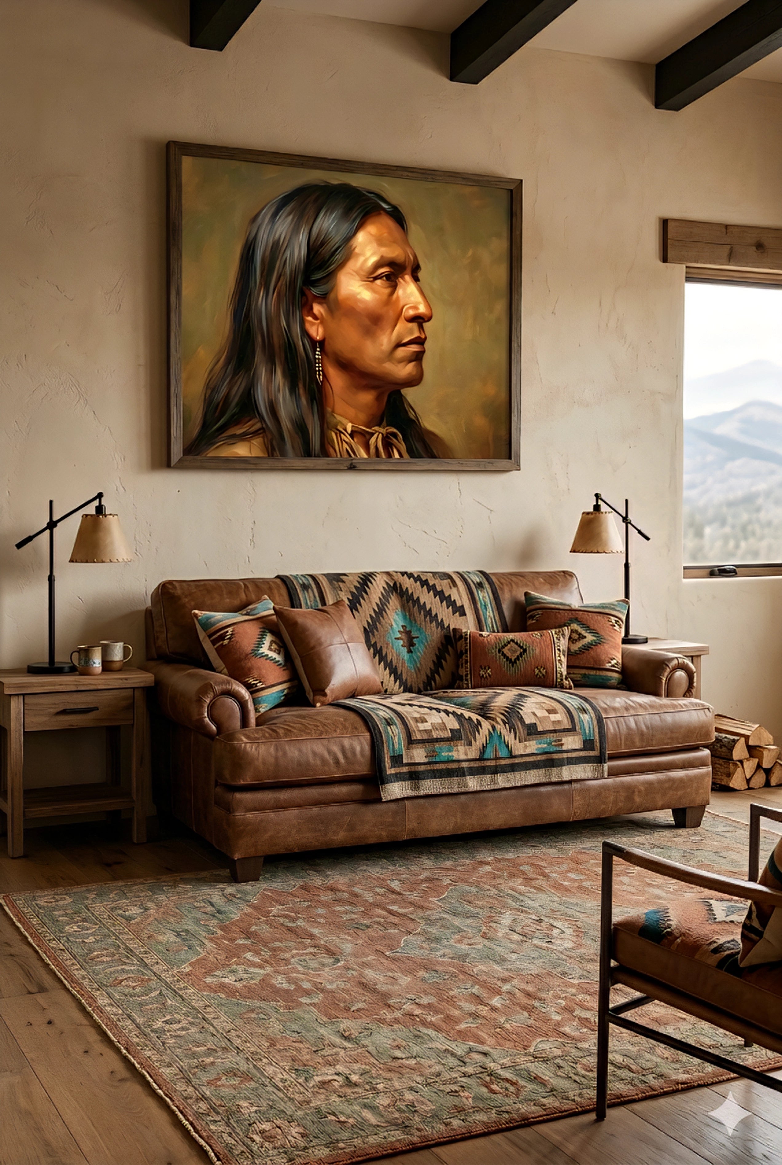 Framed Native American portrait wall art displayed above a leather sofa in a modern southwestern living room with earthy tones and patterned textiles