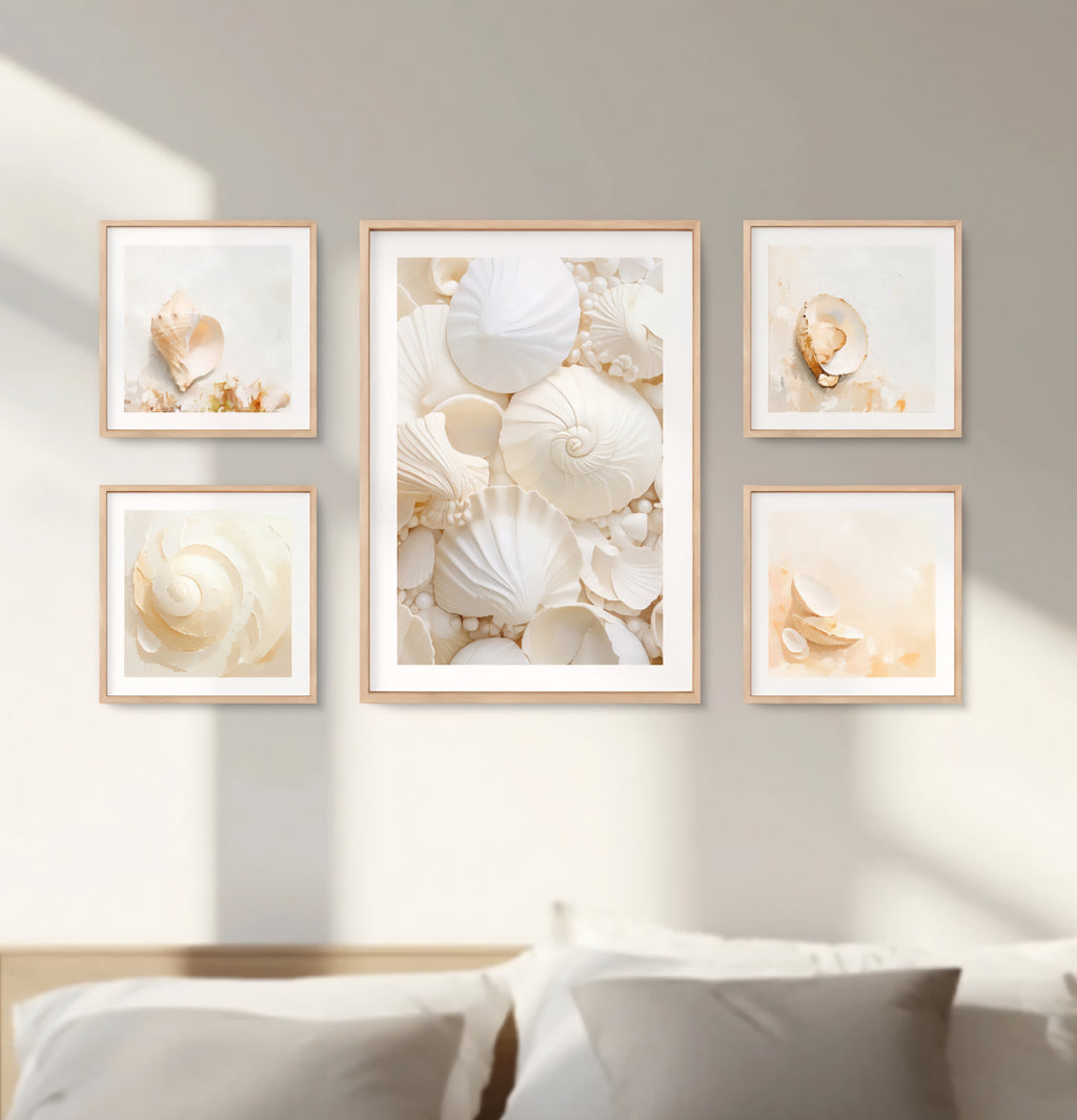 Neutral coastal shell gallery wall set in soft beige tones