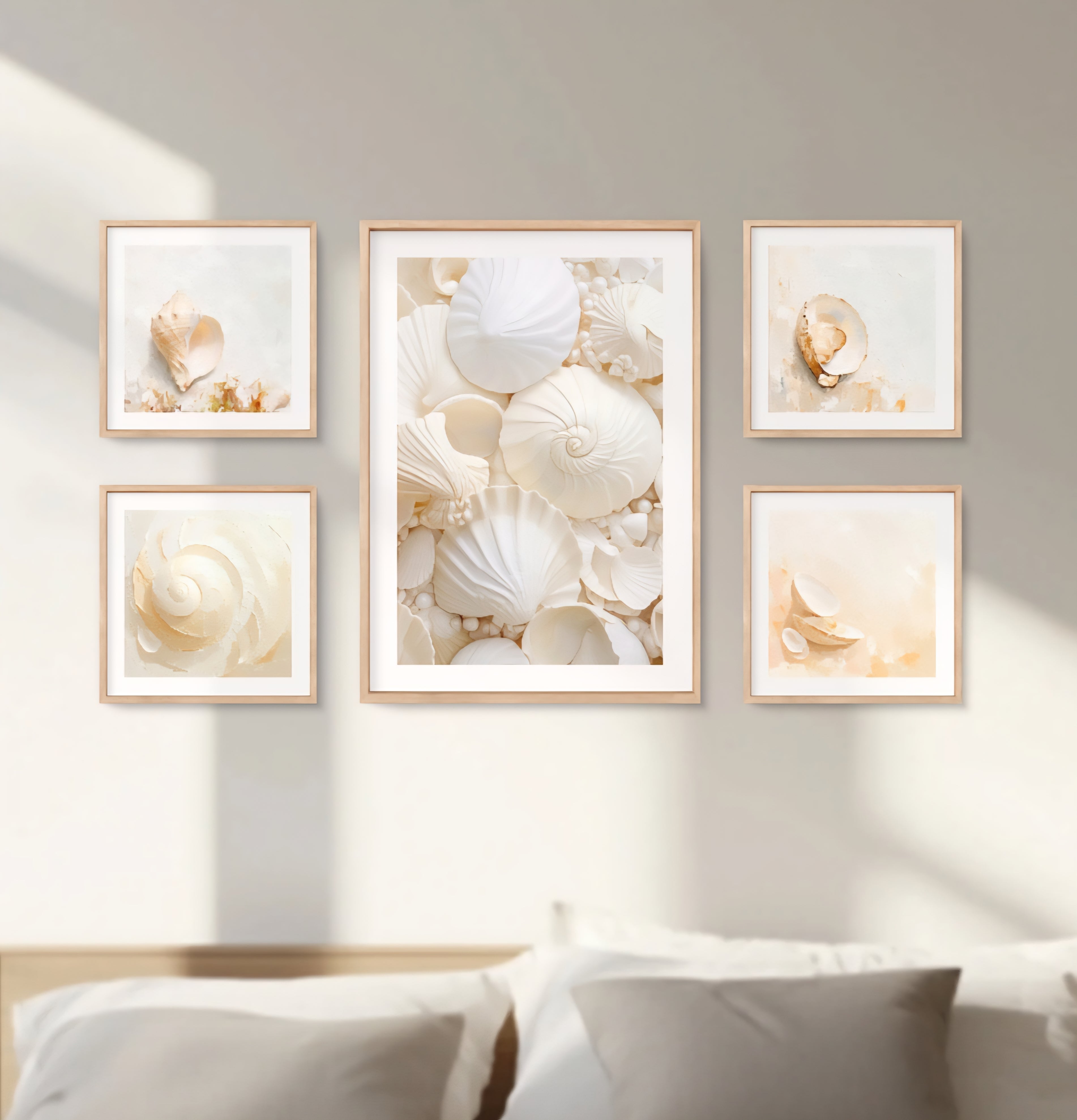 Neutral coastal shell gallery wall set in soft beige tones