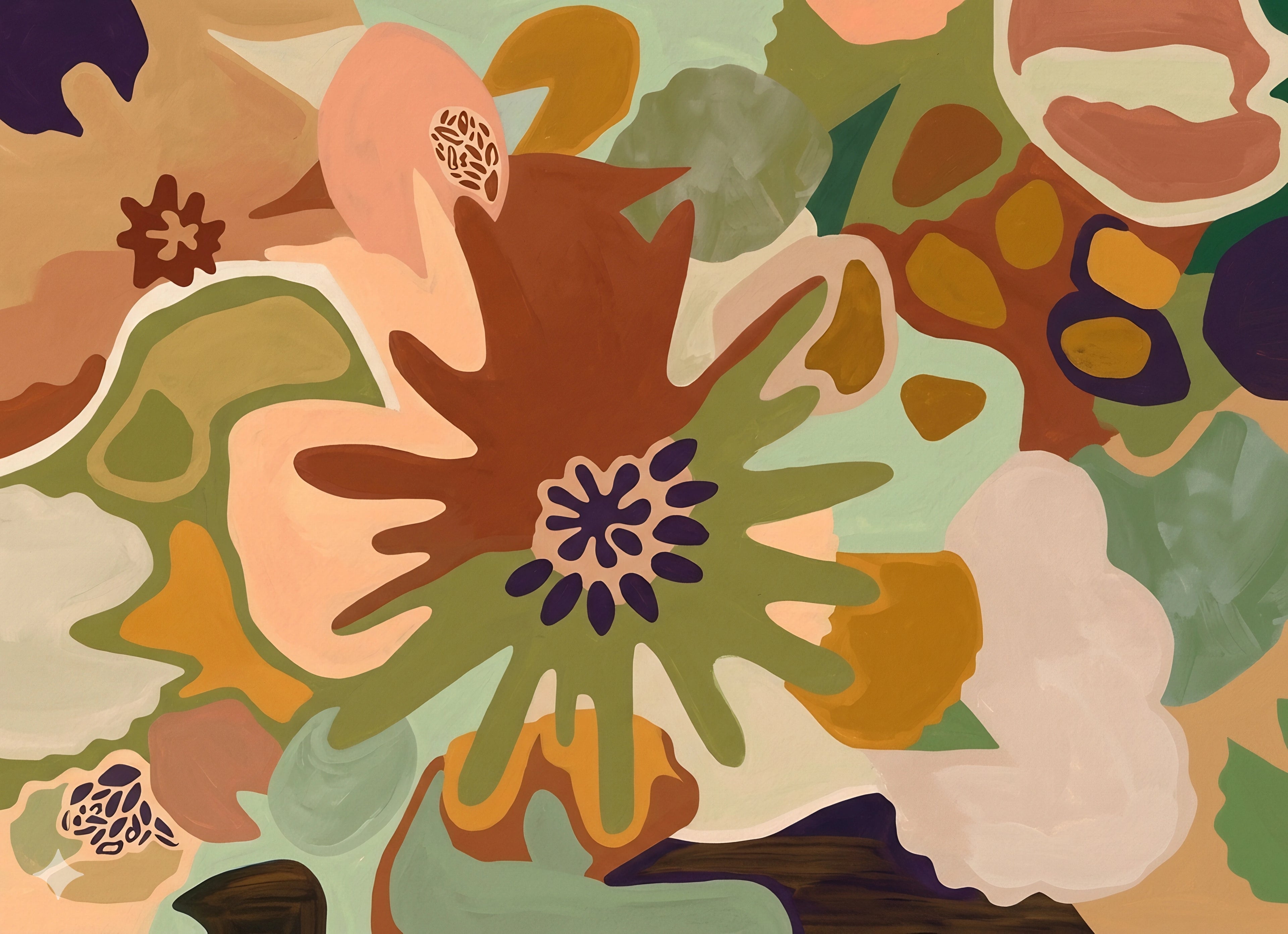Abstract botanical wall art horizontal digital download in warm earth tones with organic shapes, modern neutral printable decor