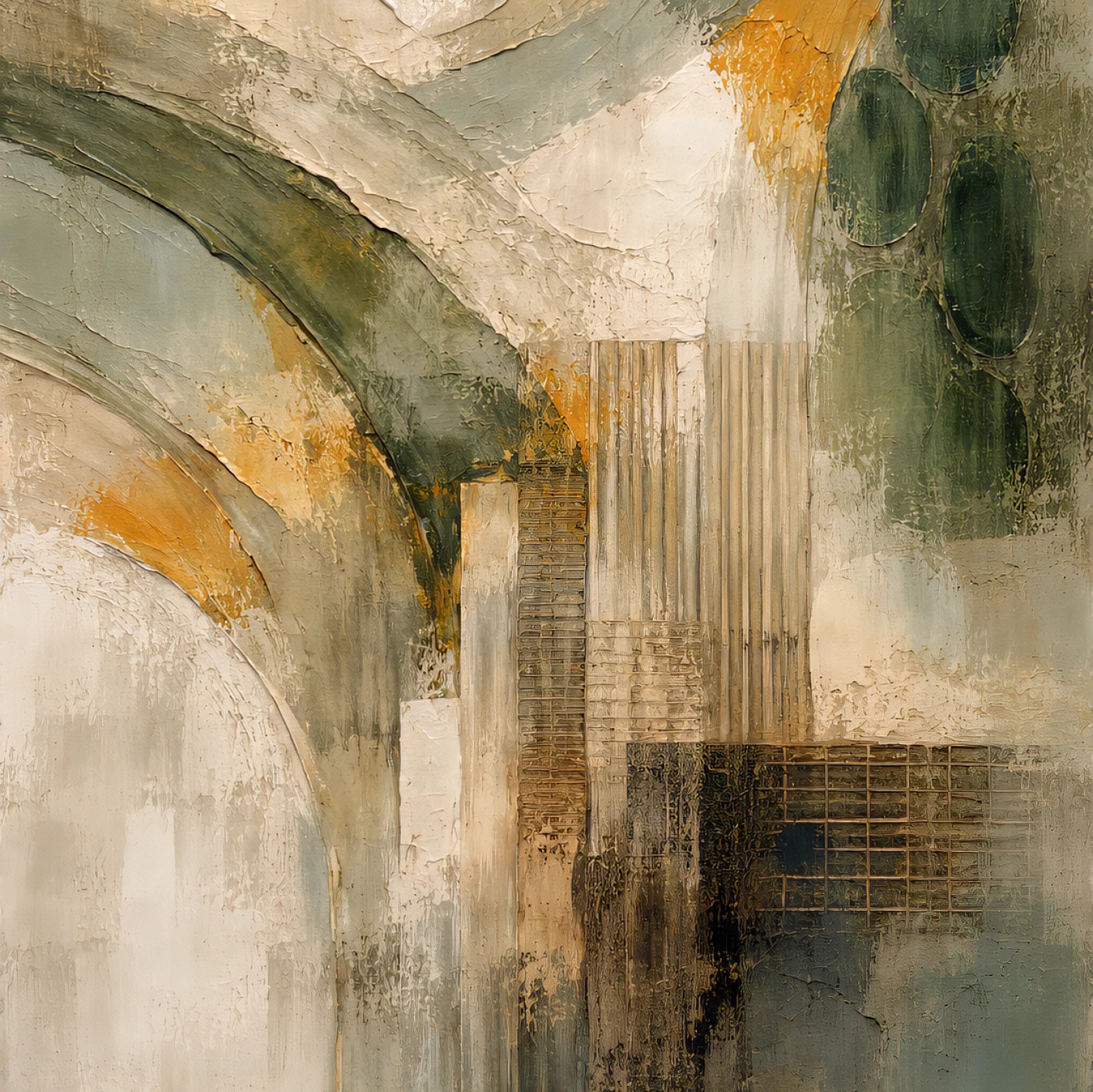 Download earth tone abstract wall art in square format with green and gold tones, modern neutral printable for gallery wall decor