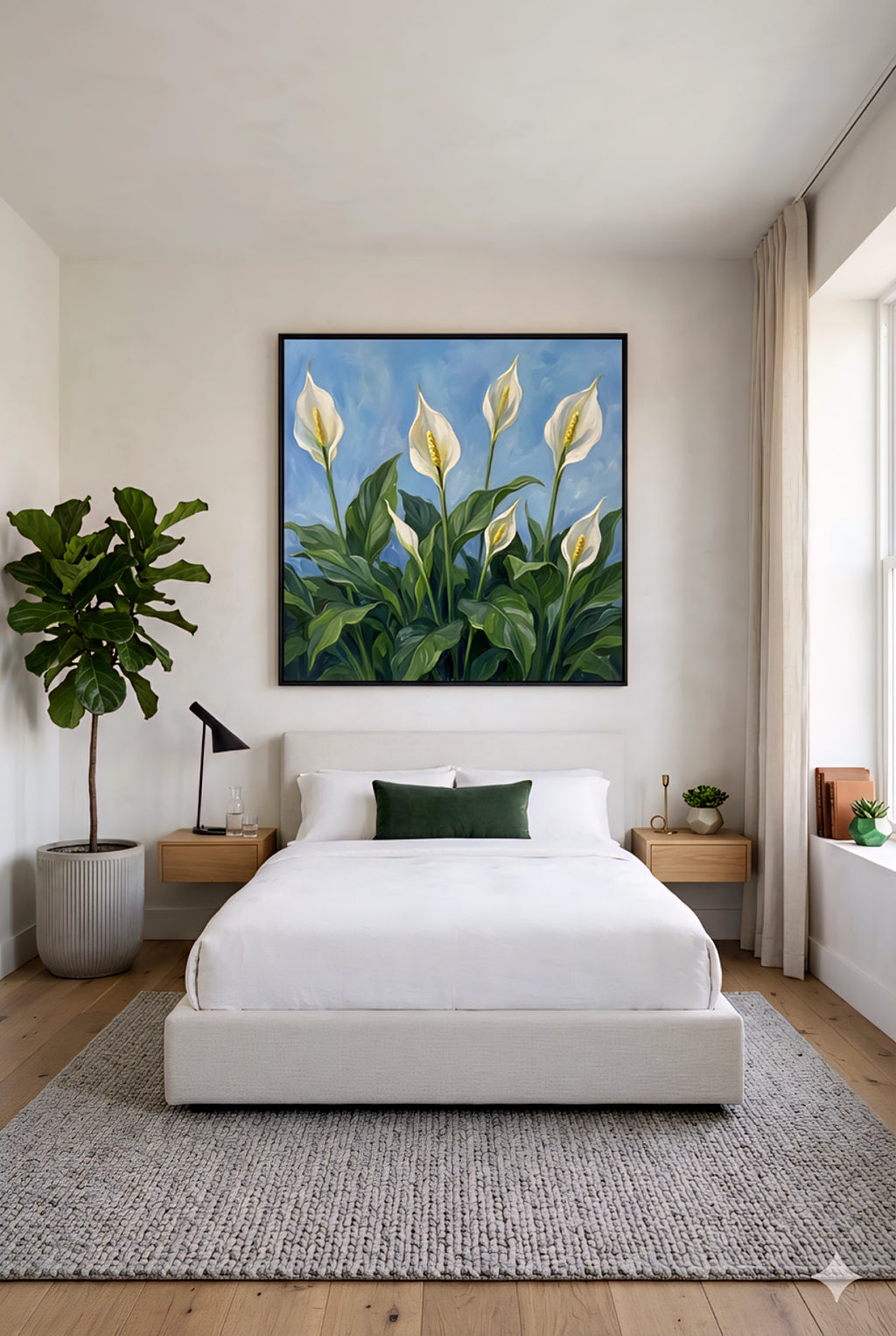 Framed peace lily botanical wall art with white blooms and green leaves on a blue background styled above a bed in a modern neutral bedroom, printable digital download