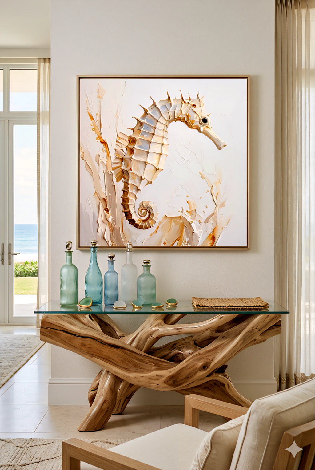 Decorative coastal  interior with a digital print  seahorse artwork on the wall, glass console table, and chairs.