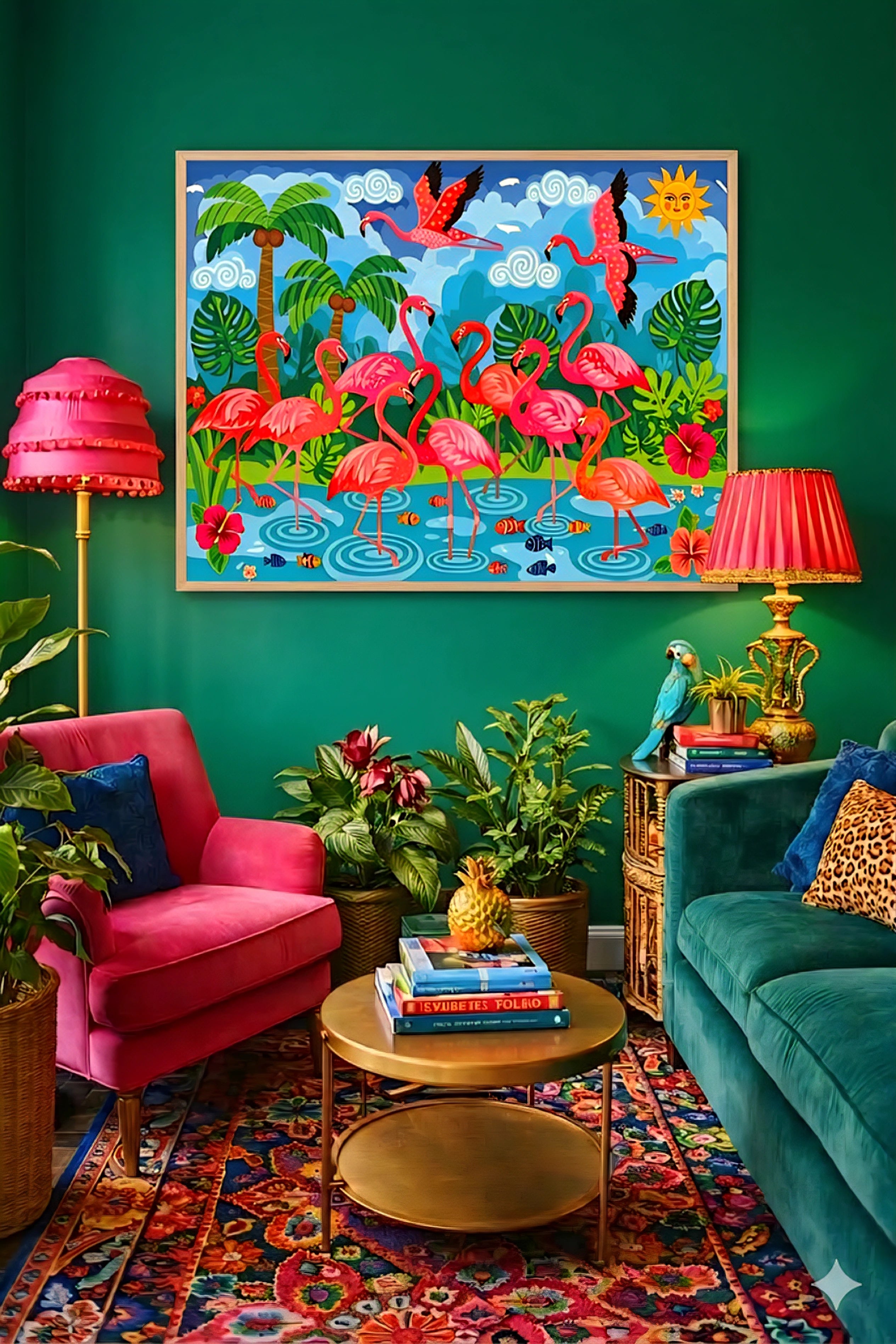 Flamingo wall art digital download displayed  in Maximalist living room.