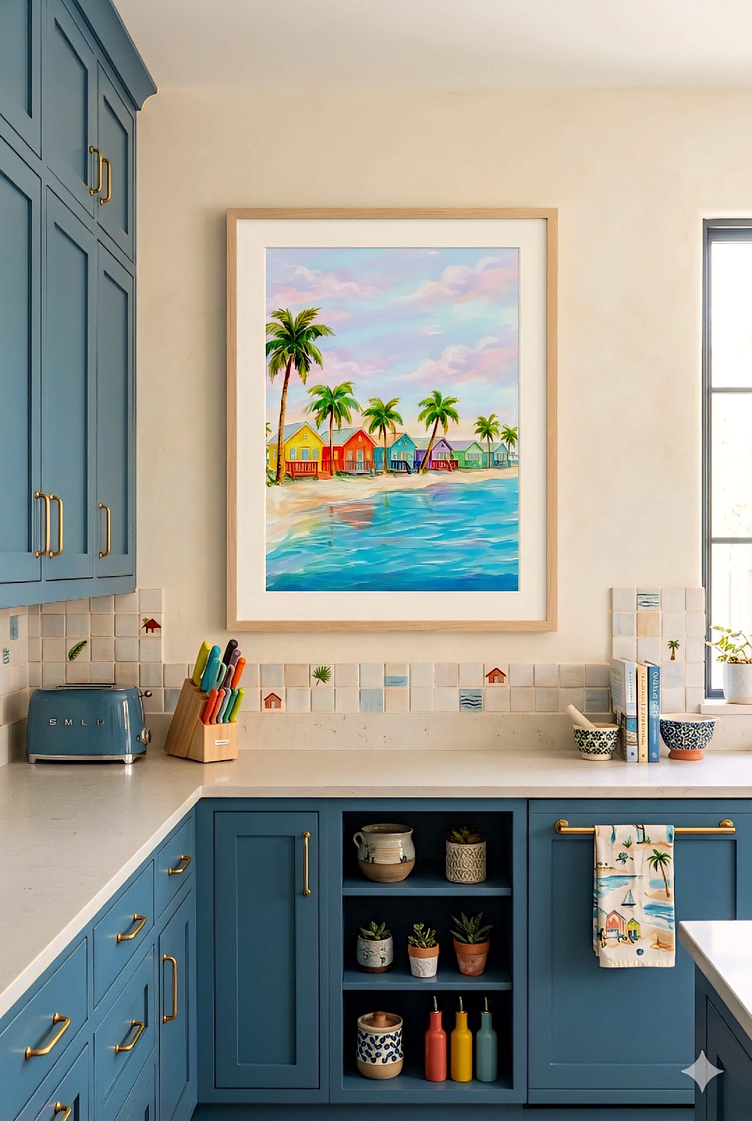 Colorful beach houses wall art in coastal kitchen, tropical palm tree ocean print framed above counter for bright beach home decor