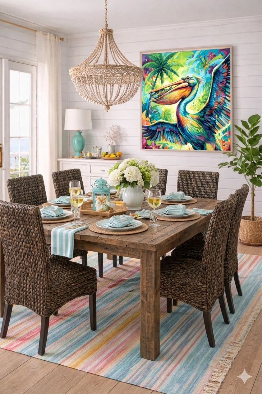 Colorful pelican wall art displayed in a coastal dining room with wicker chairs and rustic wood table, featuring vibrant tropical bird artwork as a bold focal point against white shiplap walls and beach-inspired decor.