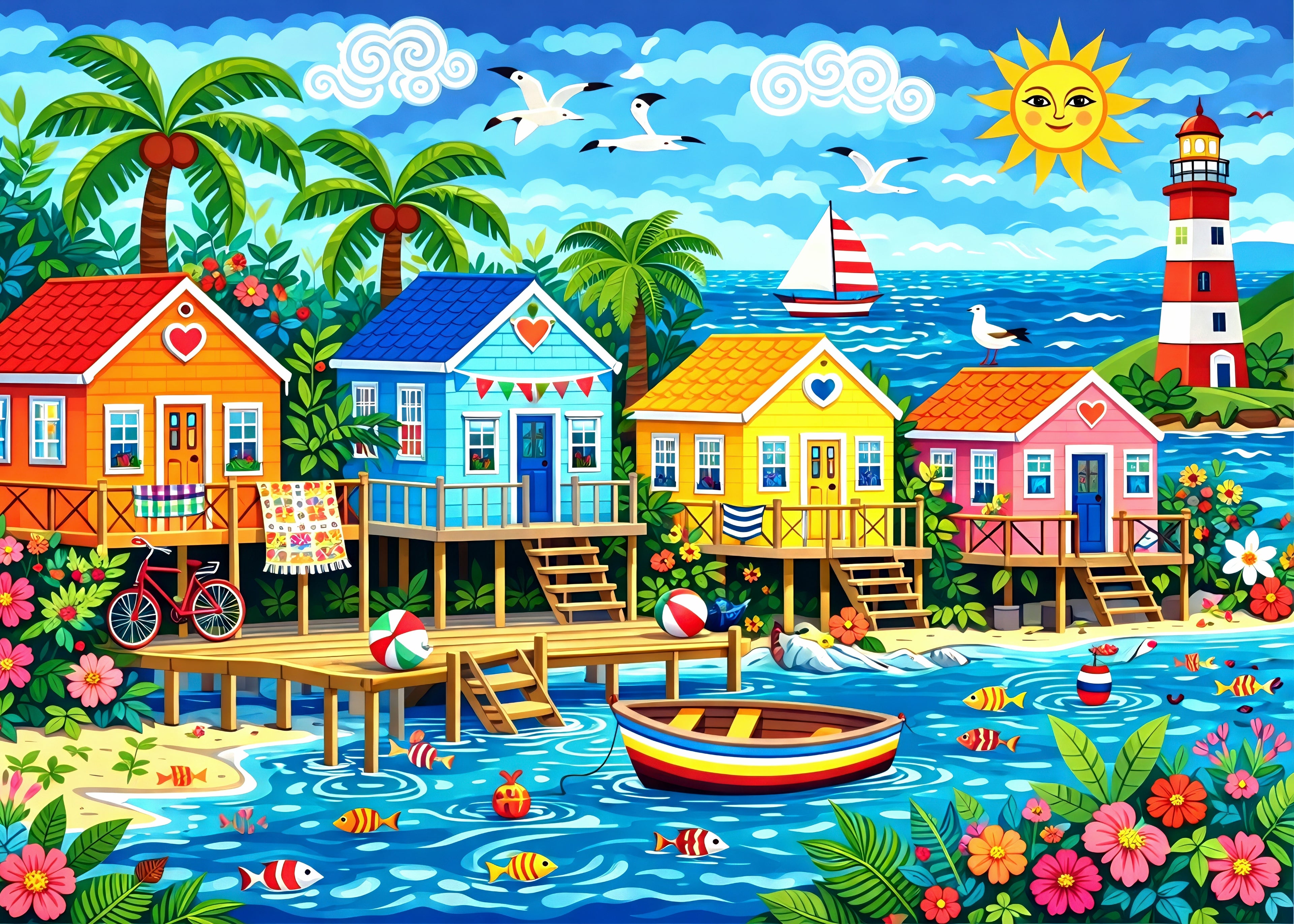 Colorful folk art  beach scene with houses, a lighthouse, and a dock.