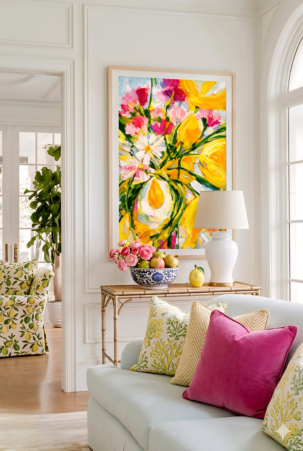 Savvy places bright yellow and pink floral abstract digital wall art in a light, airy living room with soft neutral furniture, colorful pillows, and fresh greenery, creating a cheerful, modern decorinspo look