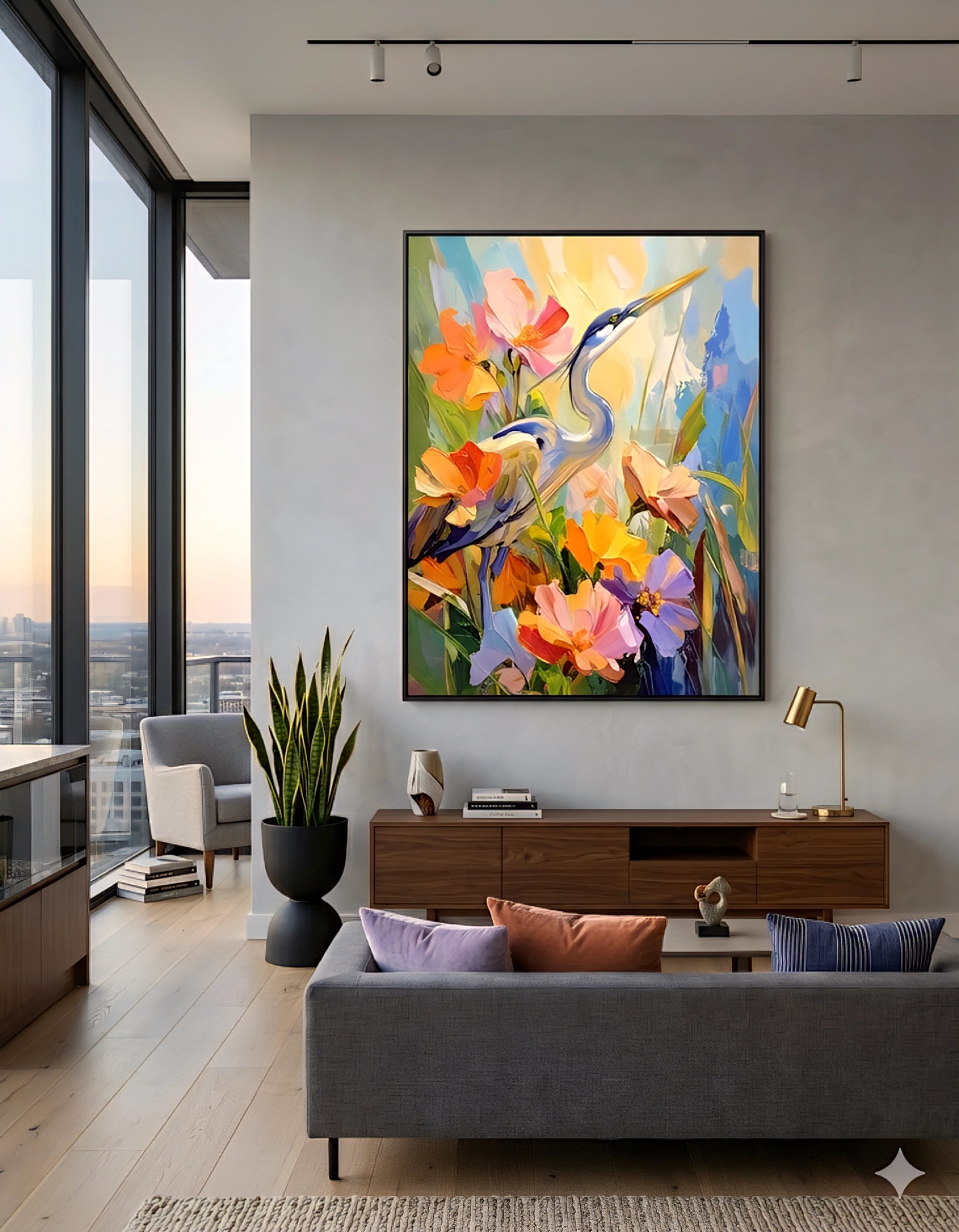 Large colorful heron floral wall art in modern living room with gray walls, wood console, and city view windows, bold bird painting print adding vibrant color and upscale designer style to contemporary space
