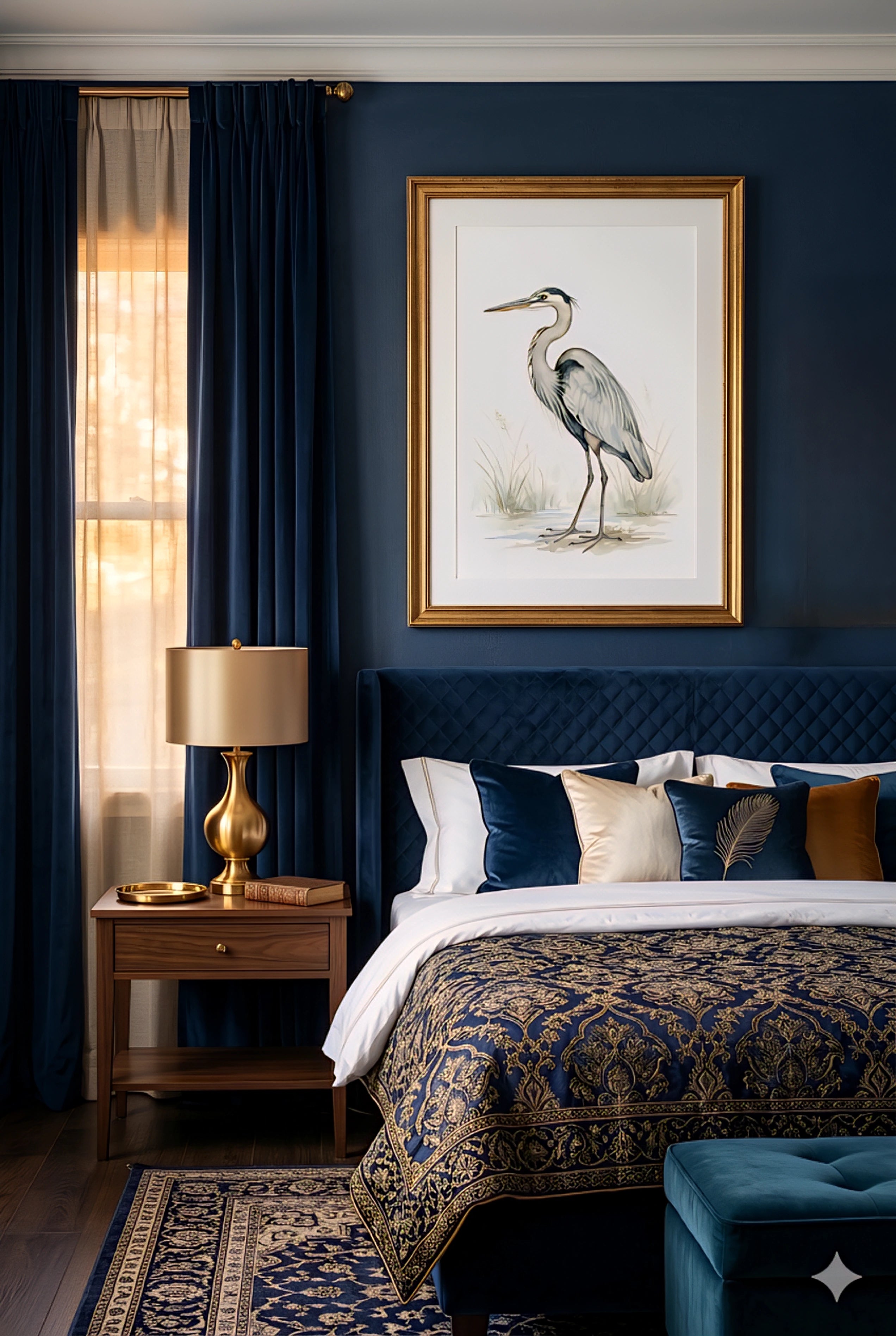 Neutral heron wall art in navy blue bedroom decor