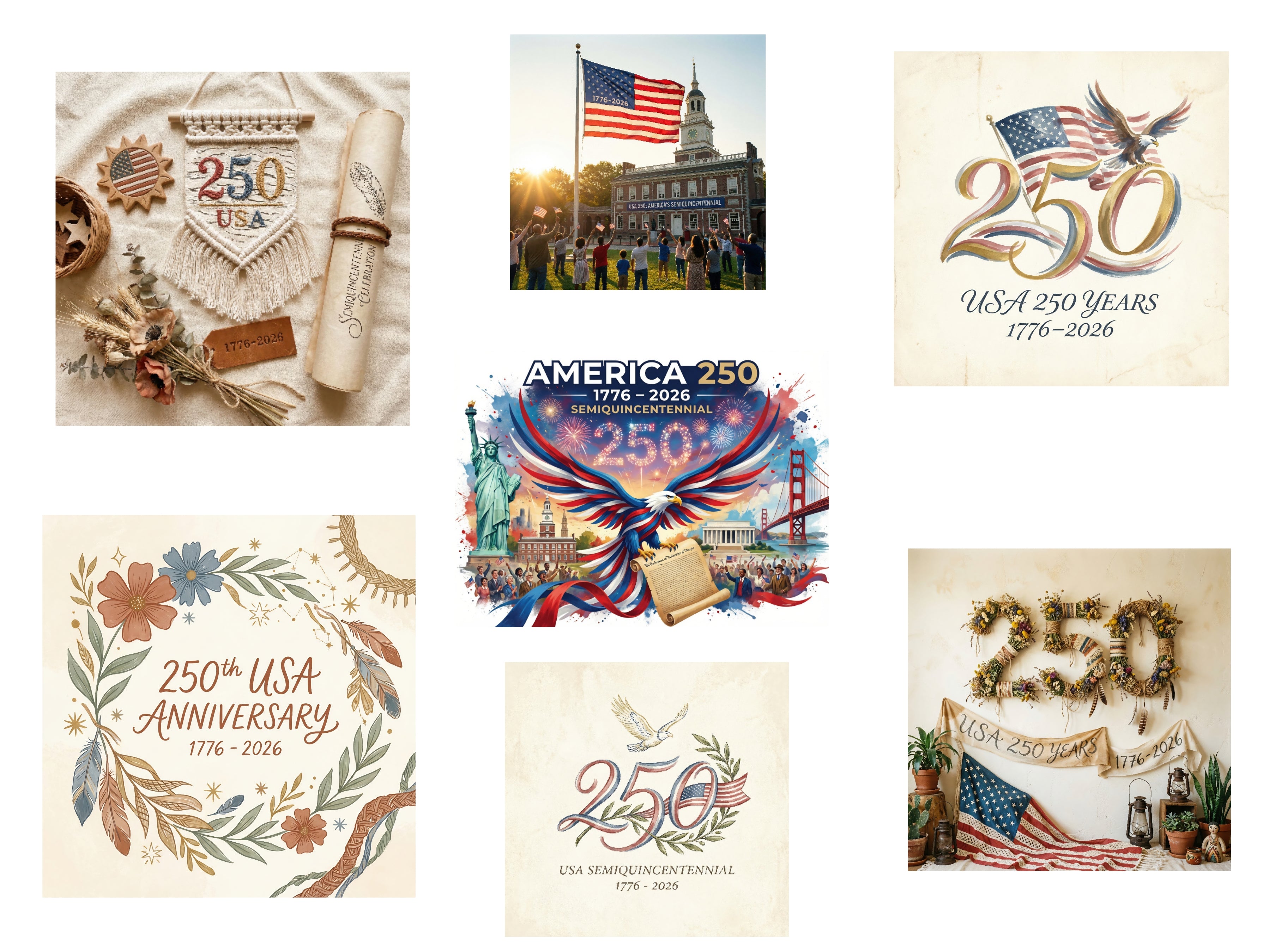 Collage of images celebrating USA 250th anniversary with decorative elements and text.