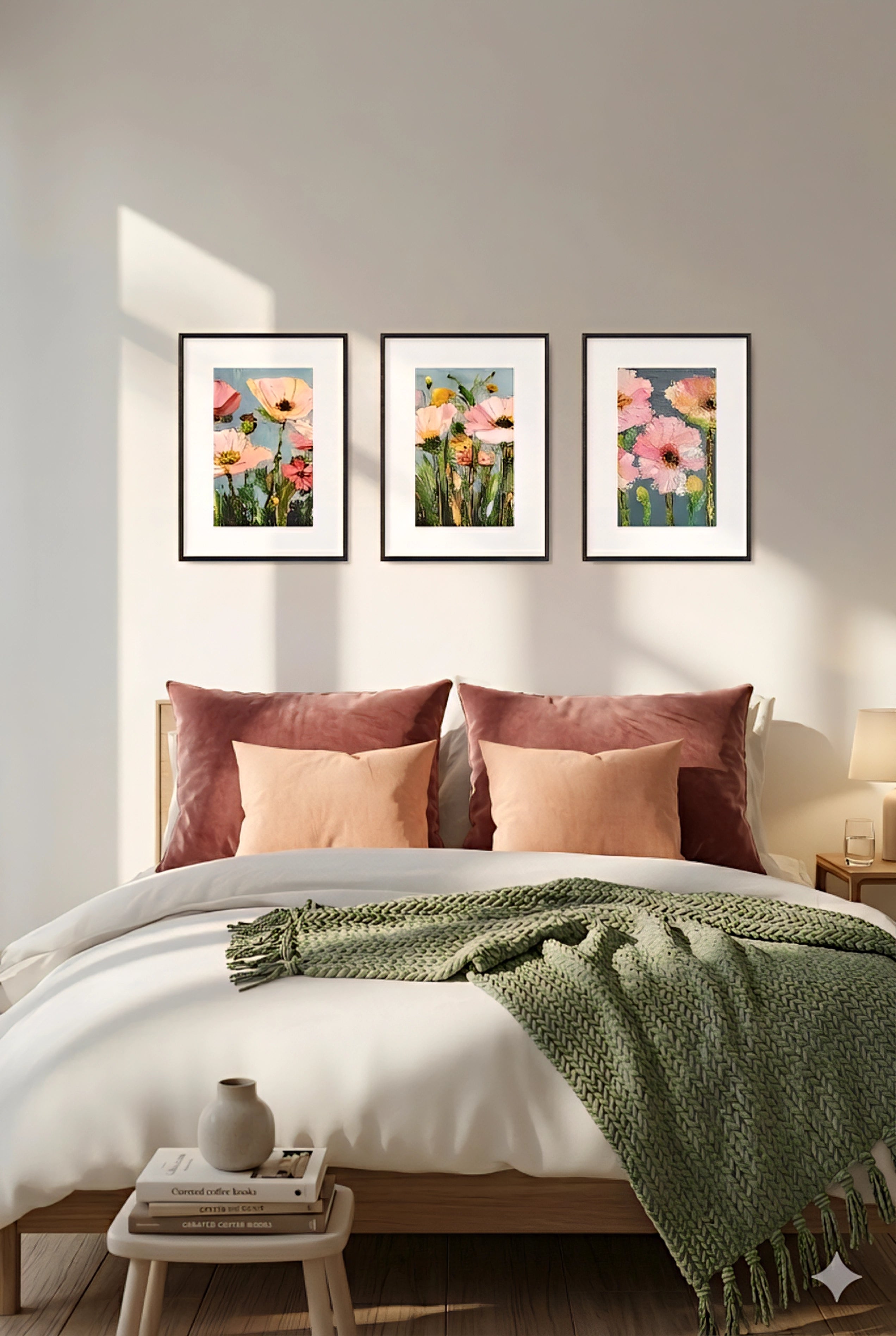 set of 3 floral printable wall art prints in black frames featuring soft pink and peach flowers styled above bed in warm modern bedroom with natural light