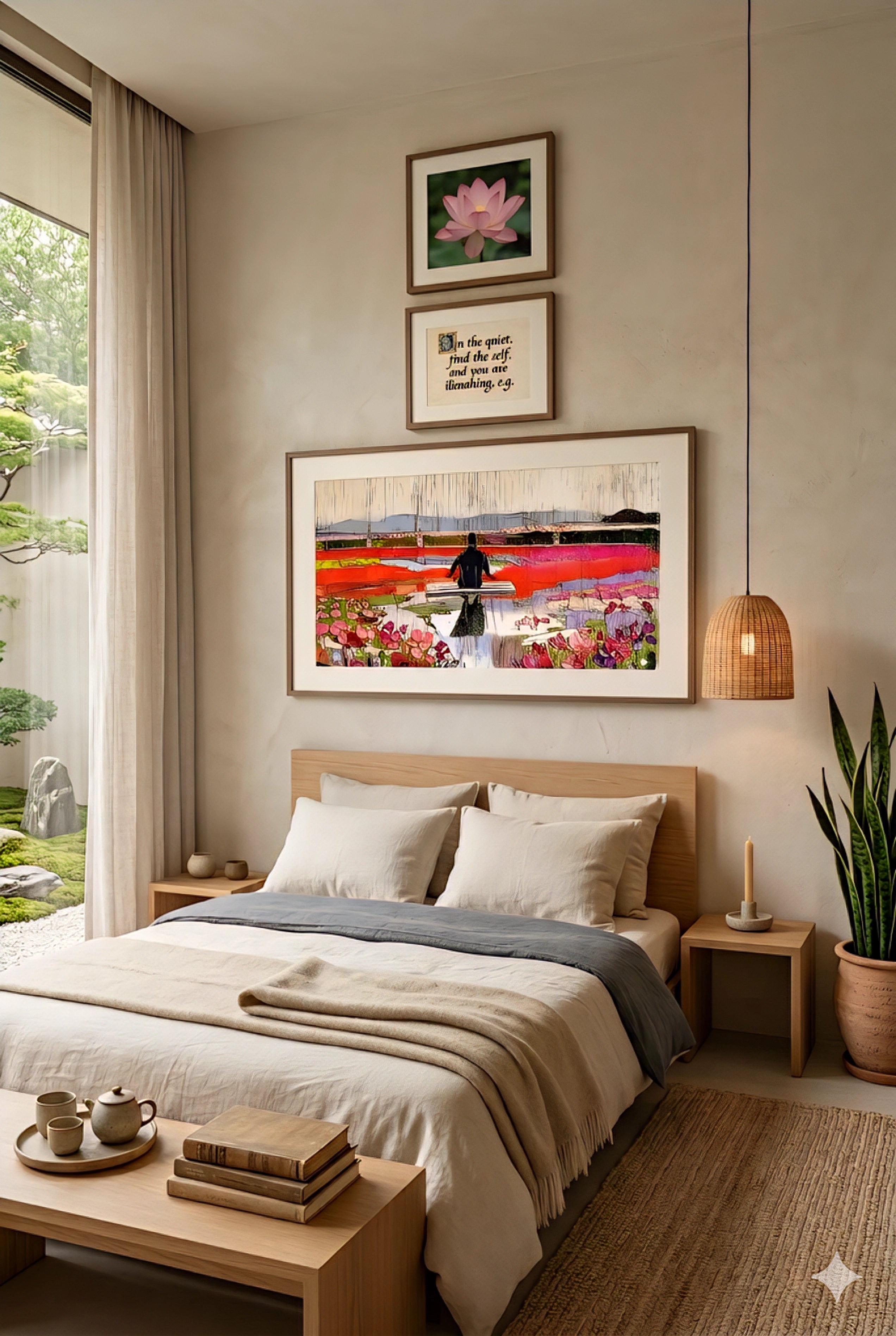 Colorful abstract tulip field wall art print above a bed in a calm minimalist bedroom, featuring a seated figure on a dock at sunset with soft neutral decor and natural wood accents
