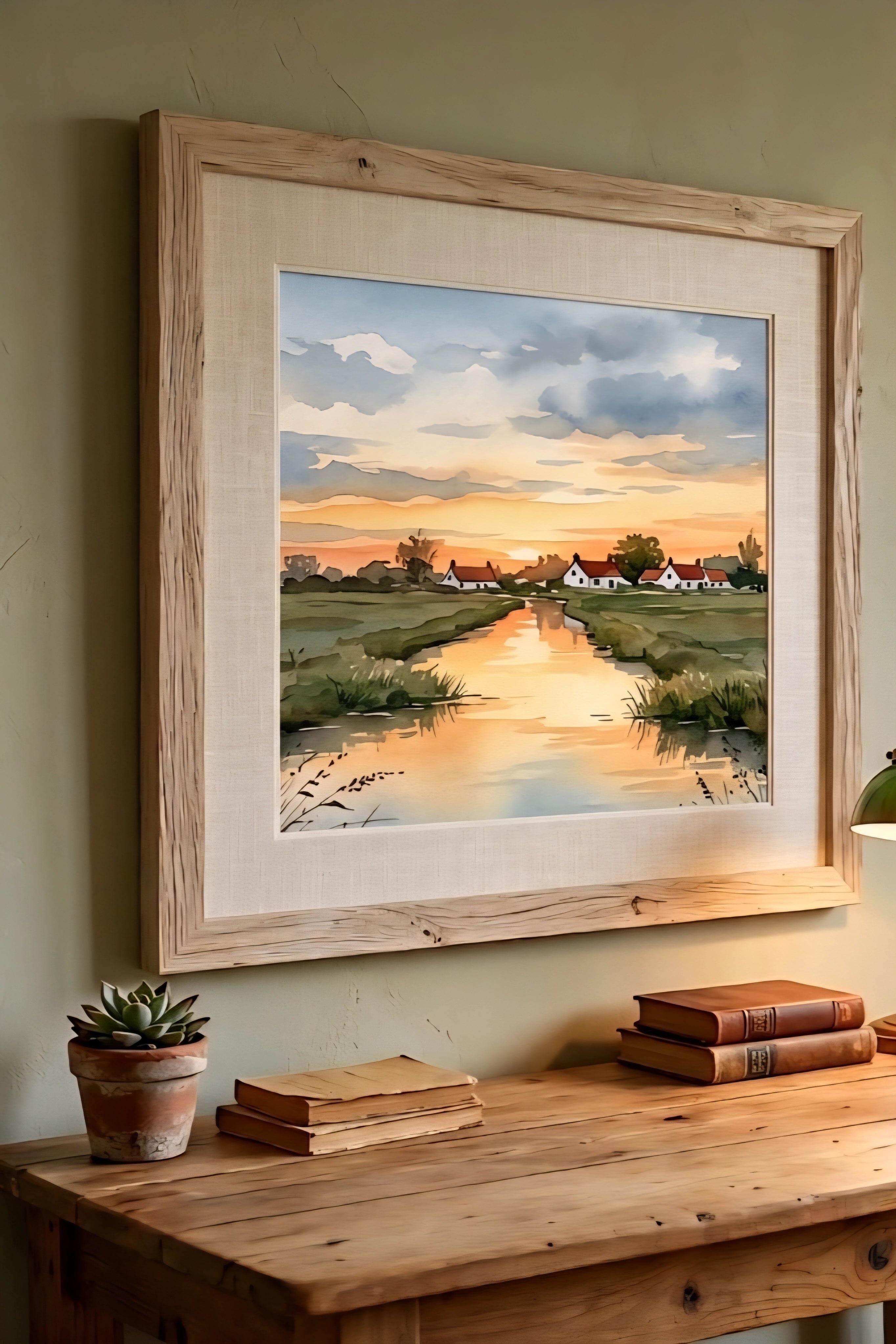 Rustic farmhouse wall decor with framed coastal sunset village printable wall art above wood table with books and warm natural textures