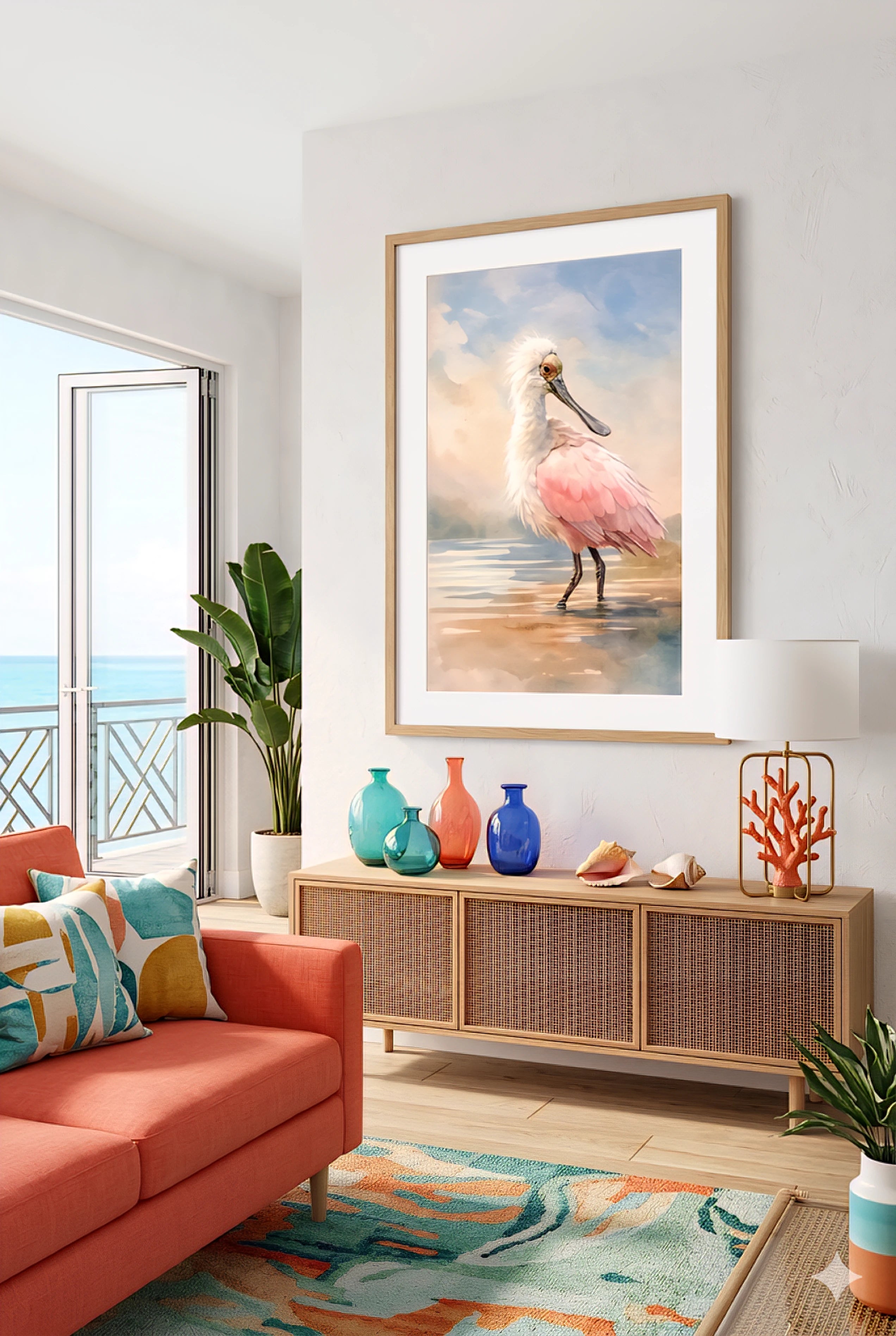 Living room , colorful tropical decor, and a framed picture of a spoonbill  bird on the wall.