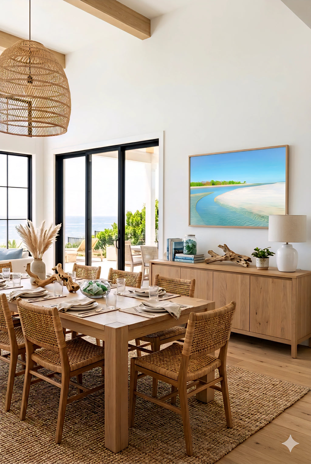 Large coastal beach wall art in modern dining room with ocean view, woven chairs, wood table, and natural textures featuring a turquoise shoreline print for relaxed coastal decor