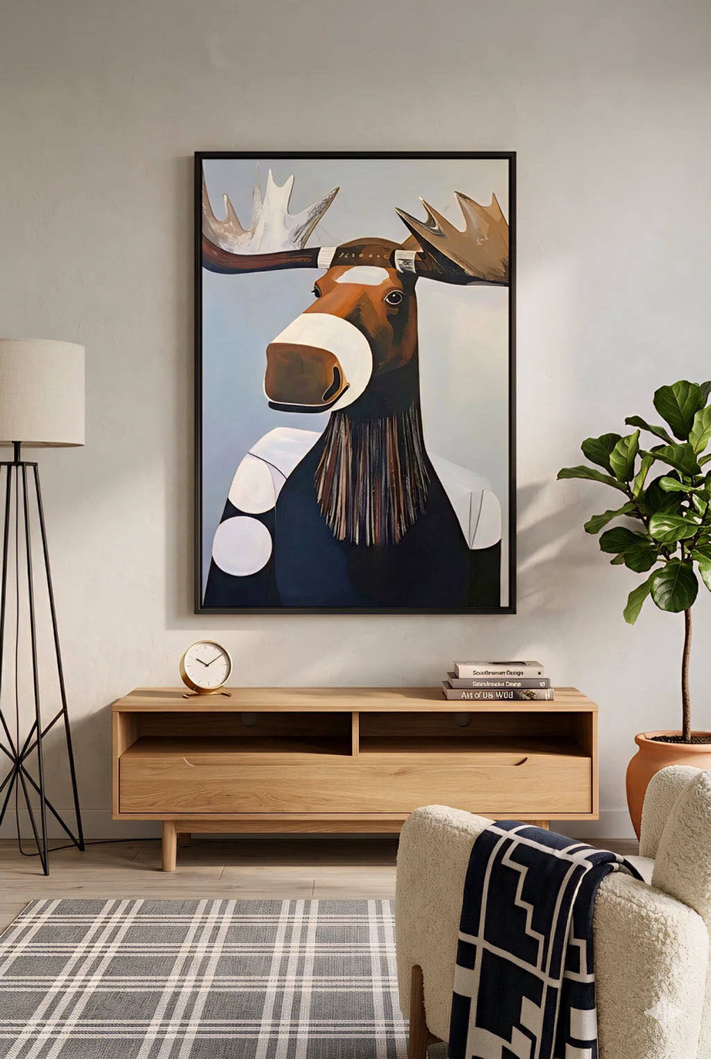 Large moose wall art in neutral living room with light wood console, soft textures, and modern minimal decor creating a calm, balanced space