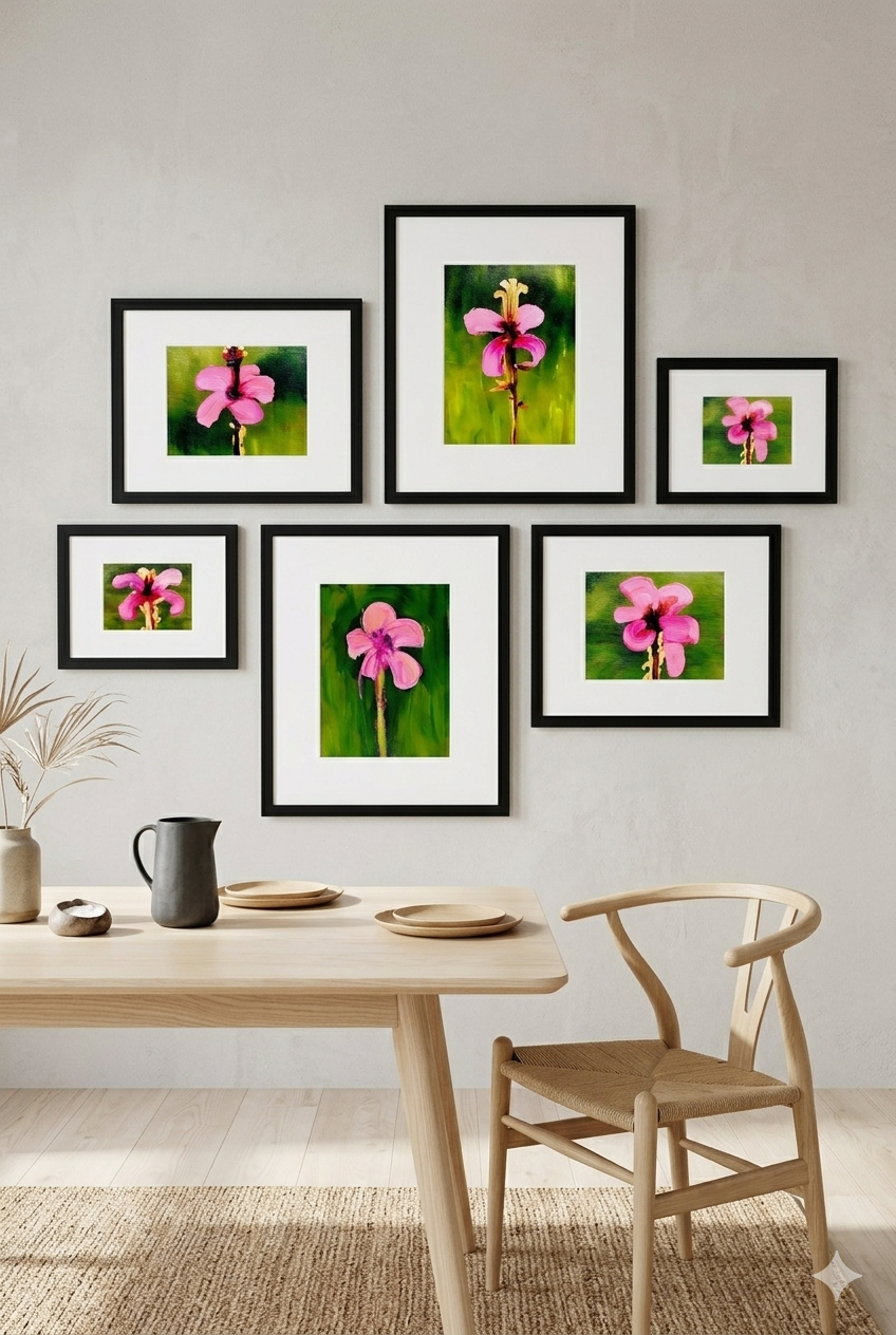 Pink floral printable gallery wall with black frames in modern minimalist dining room, light wood table, Scandinavian style decor, DIY wall art download, affordable designer decorinspo