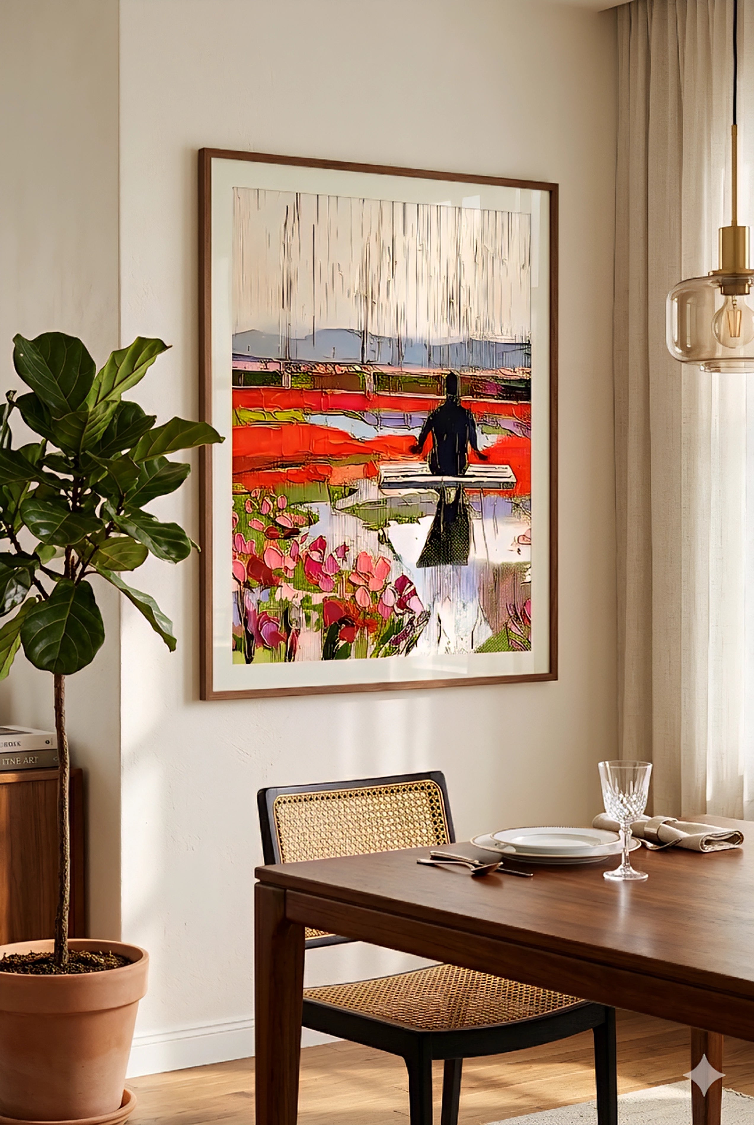 Colorful abstract tulip field wall art print in a warm dining room setting, featuring a seated figure on a dock at sunset with textured painterly details and natural wood frame