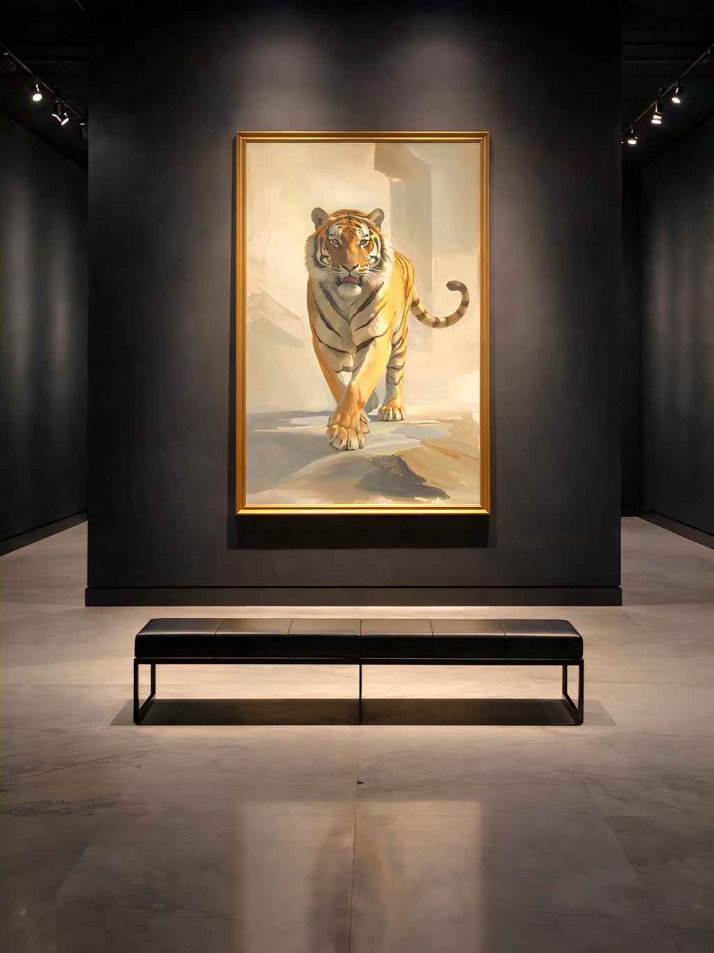 Tiger wall art printable above bench in modern entry
