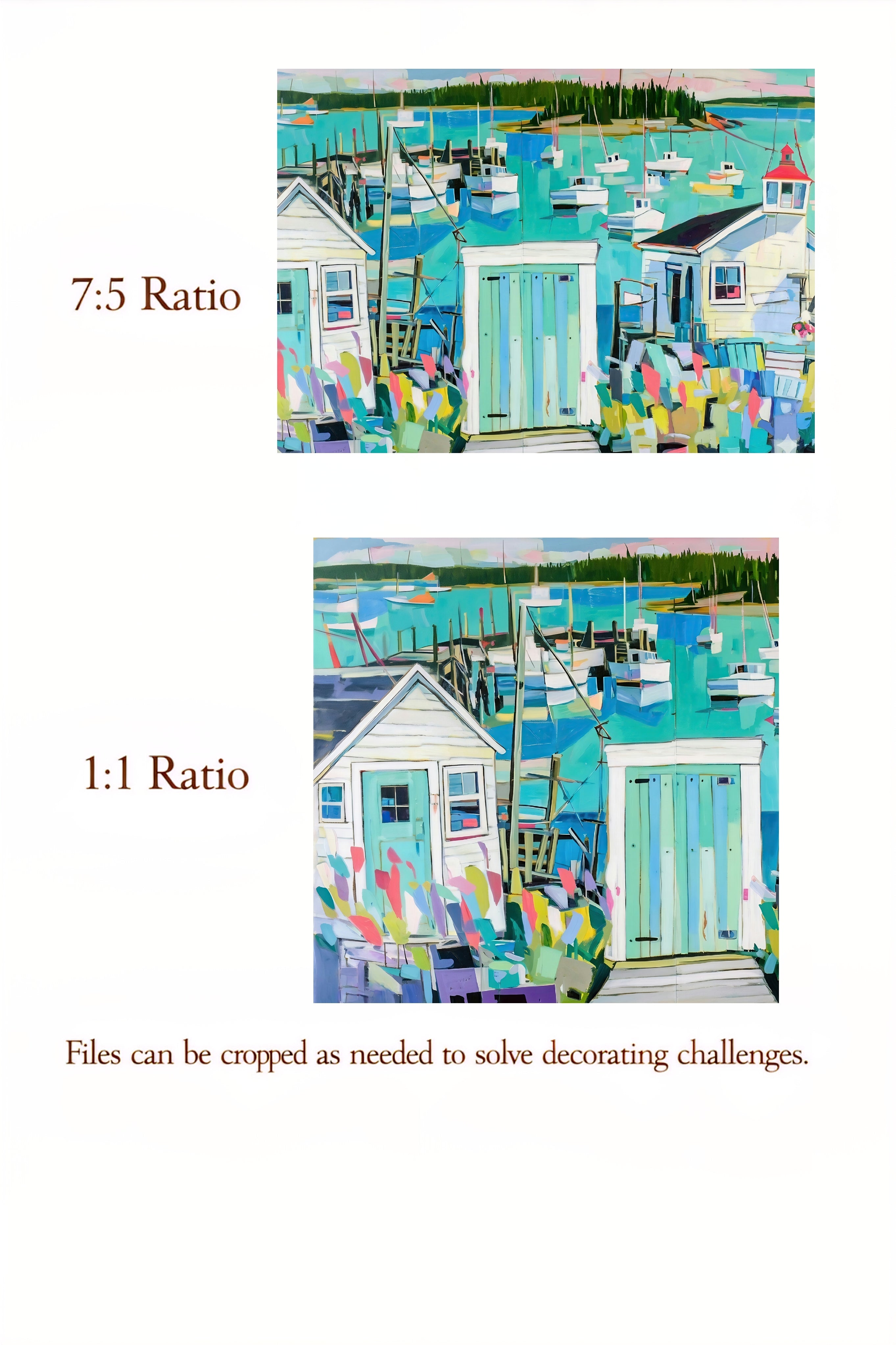 Two illustrations of colorful houses with boats on a white background, labeled 7:5 and 1:1 ratio.