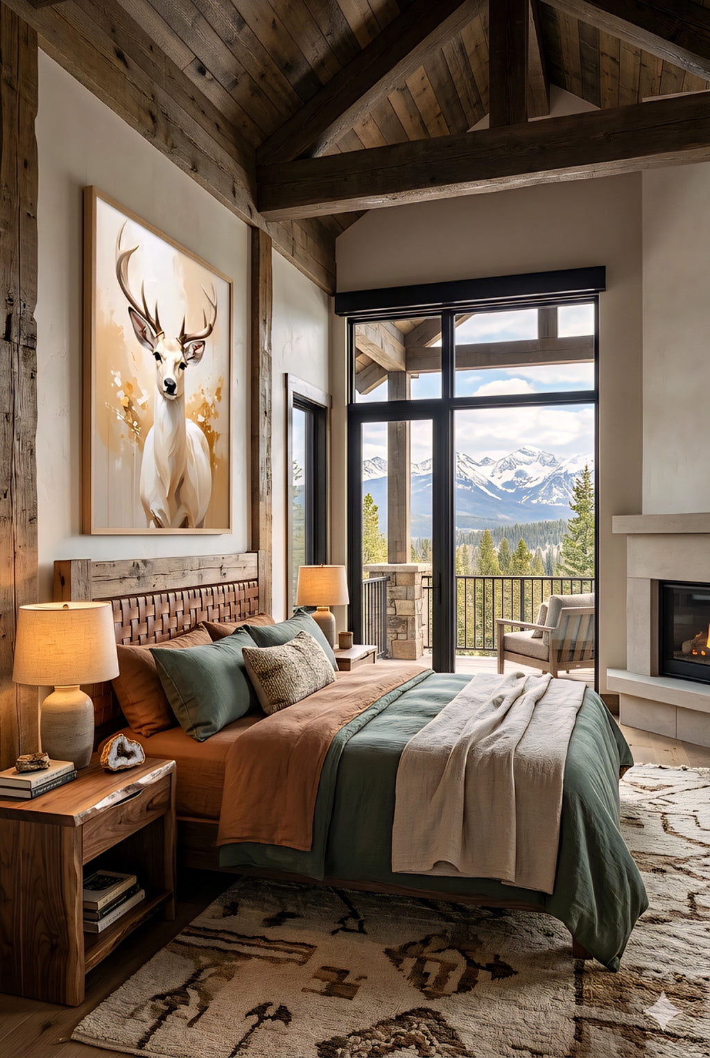 Modern deer wall art above bed in cabin bedroom, wildlife artwork, mountain view windows, wood beams, cozy lodge decor, modern rustic styling
