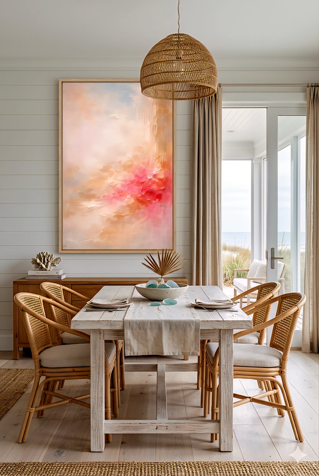 Coastal dining room with coral and blush abstract downloaded wall art above wood table, rattan chairs, and soft neutral beach house decor with ocean view