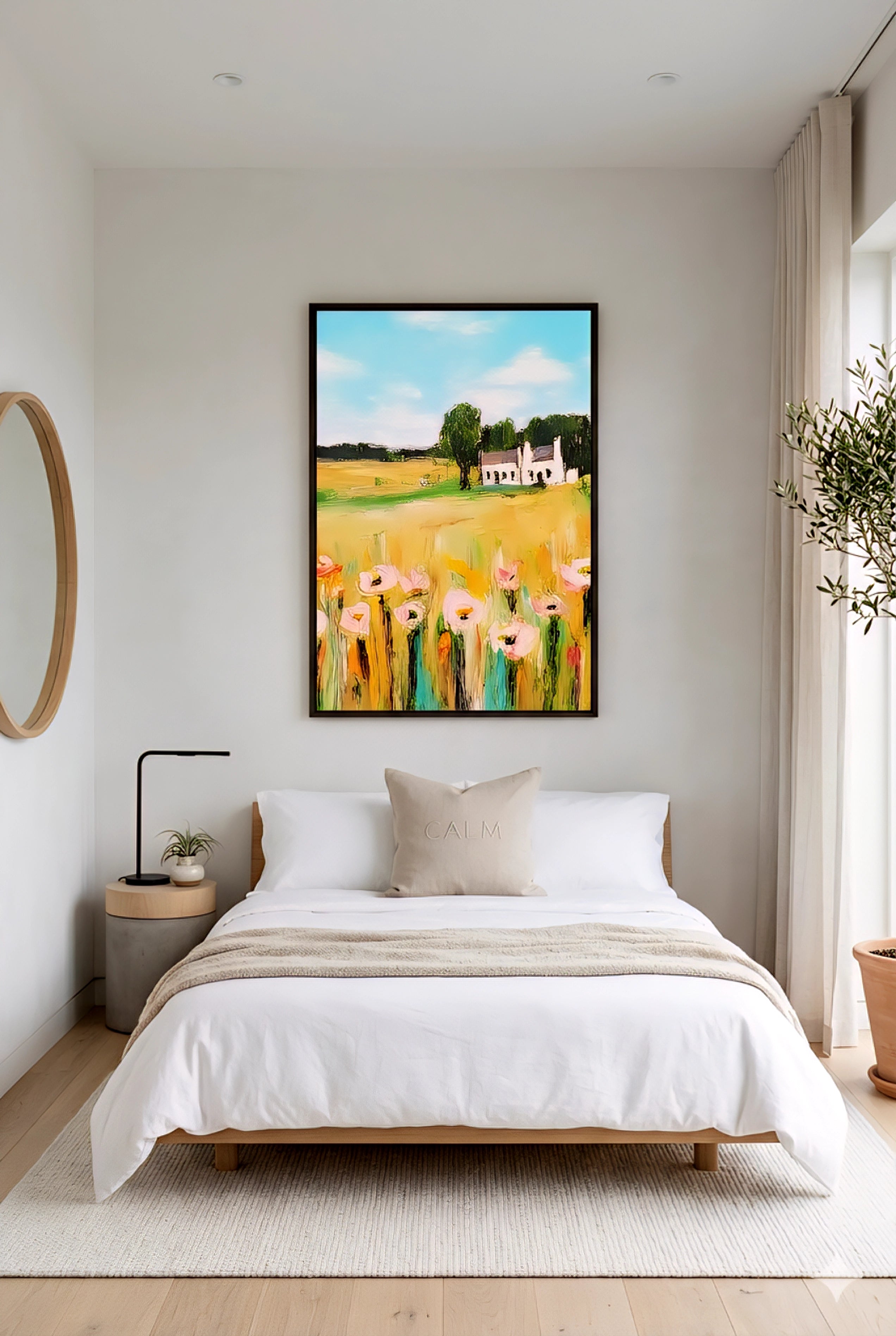 Minimal bedroom with vertical farmhouse landscape wall art in black frame above bed with soft neutral decor