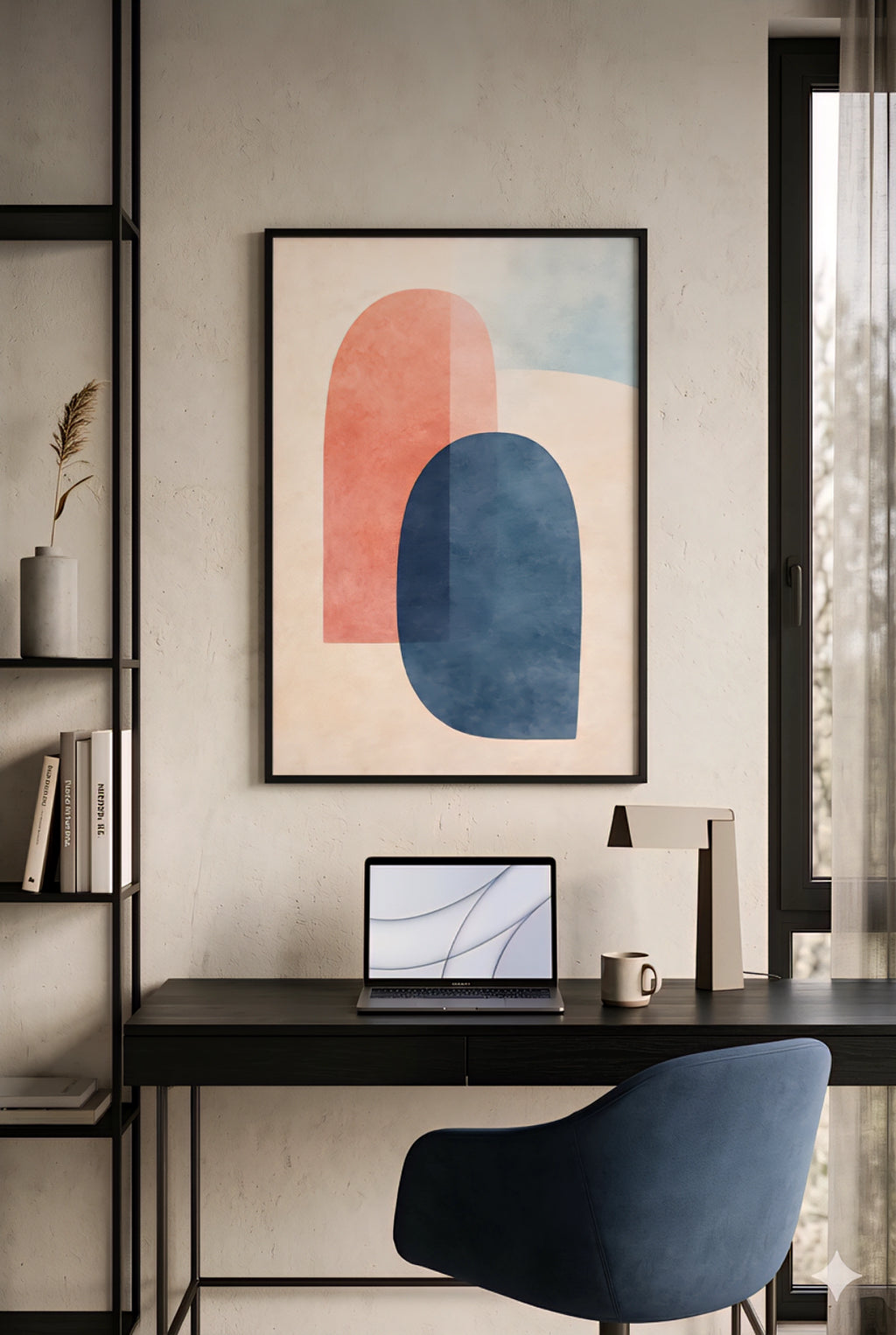 Modern home office with a desk, chair, laptop, and abstract digital art on the wall.